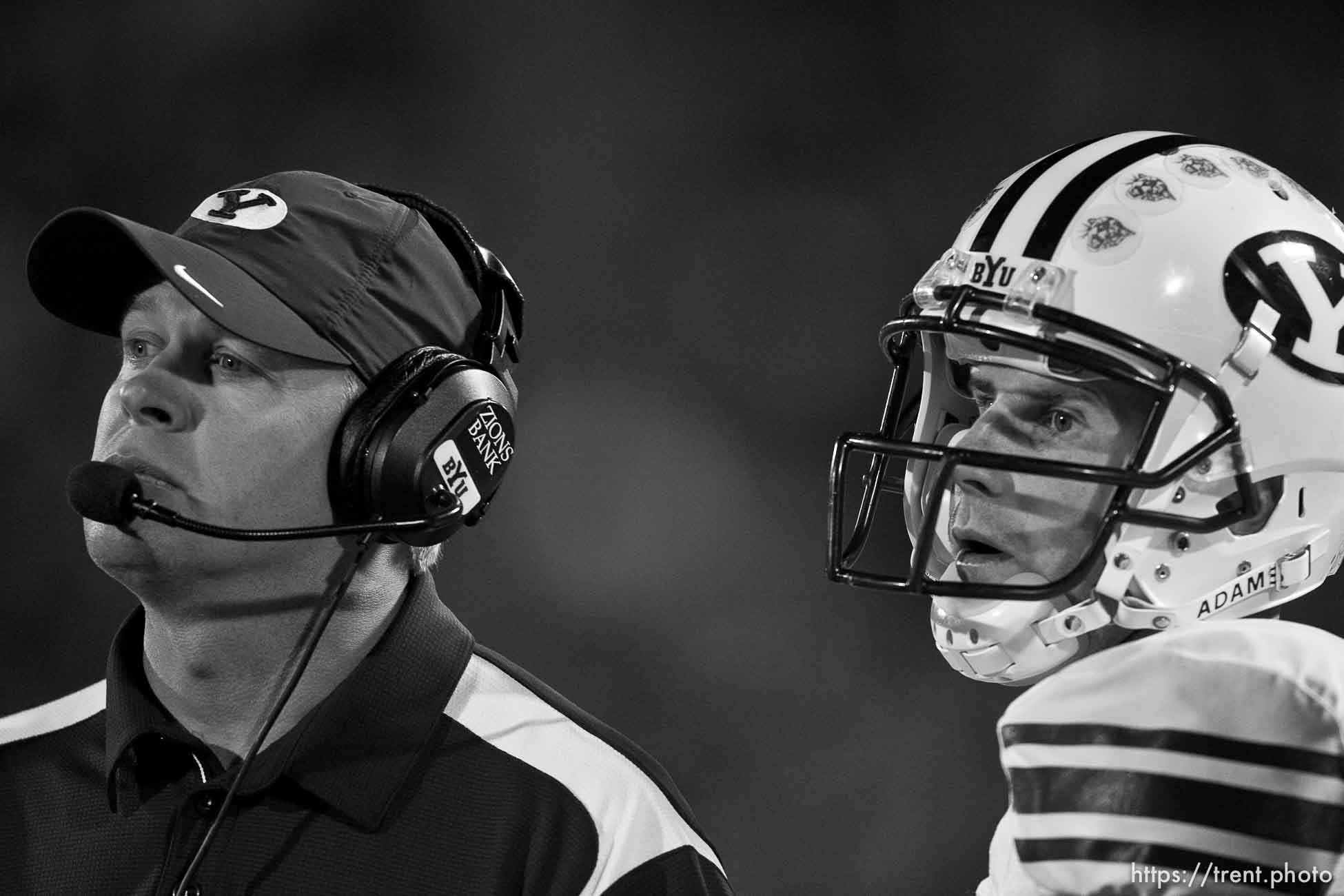 Logan - BYU vs. Utah State University (USU) college football Friday, October 3, 2008. Bronco Mendenhall, BYU quarterback Max Hall (15)