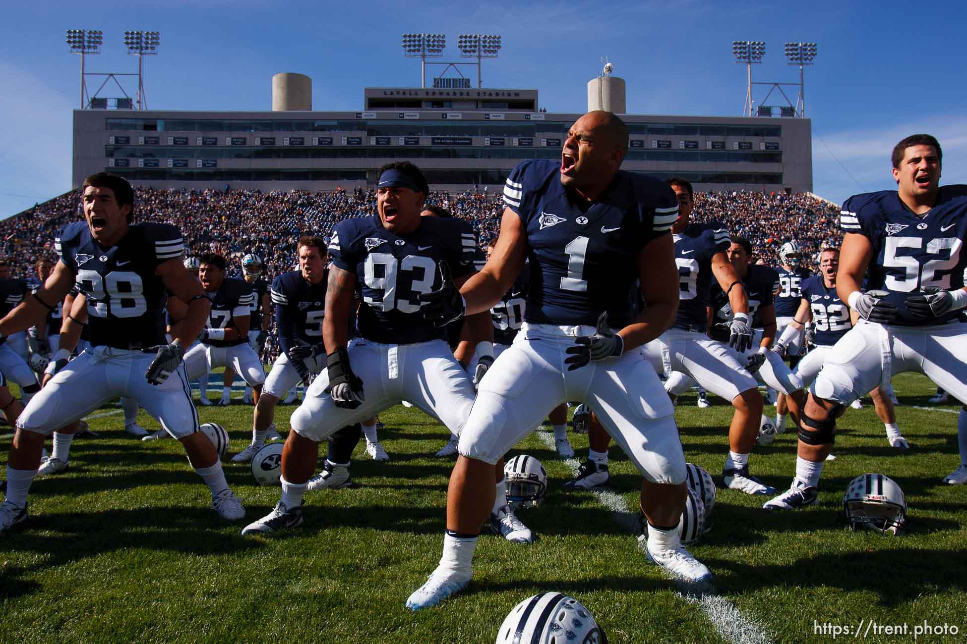 Provo - BYU vs. San Diego State University college football, Saturday, November 8, 2008 at LaVell Edwards Stadium. BYU RB Fui Vakapuna (1) leads the haka BYU RB Bryan  Kariya (28) BYU DL Mosese Foketi (93)  BYU DL Russell Tialavea (52) BYU DB David Tafuna (23)