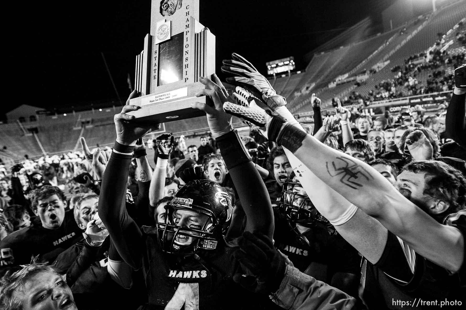 Salt Lake City - Bingham vs. Alta High School, 5A State Championship game Friday, November 21, 2008 at Rice-Eccles Stadium. Alta wins 21-17.. Friday November 21, 2008. alta's ammon olsen celebrates win,