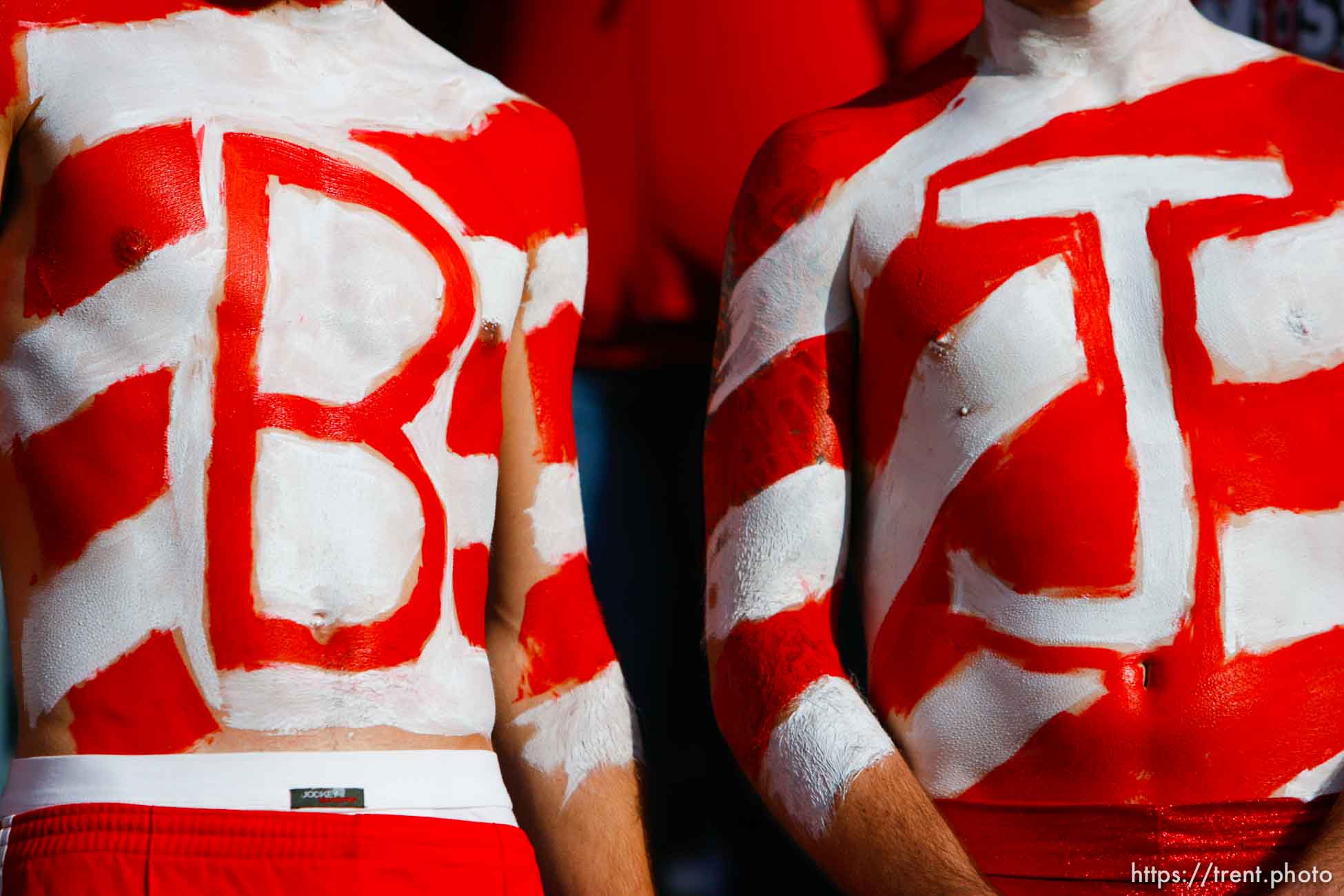 Salt Lake City - . Utah vs. BYU college football Saturday, November 22, 2008 at Rice-Eccles Stadium.  Saturday November 22, 2008. utah fans with BJ on bodies (for Brian Johnson)