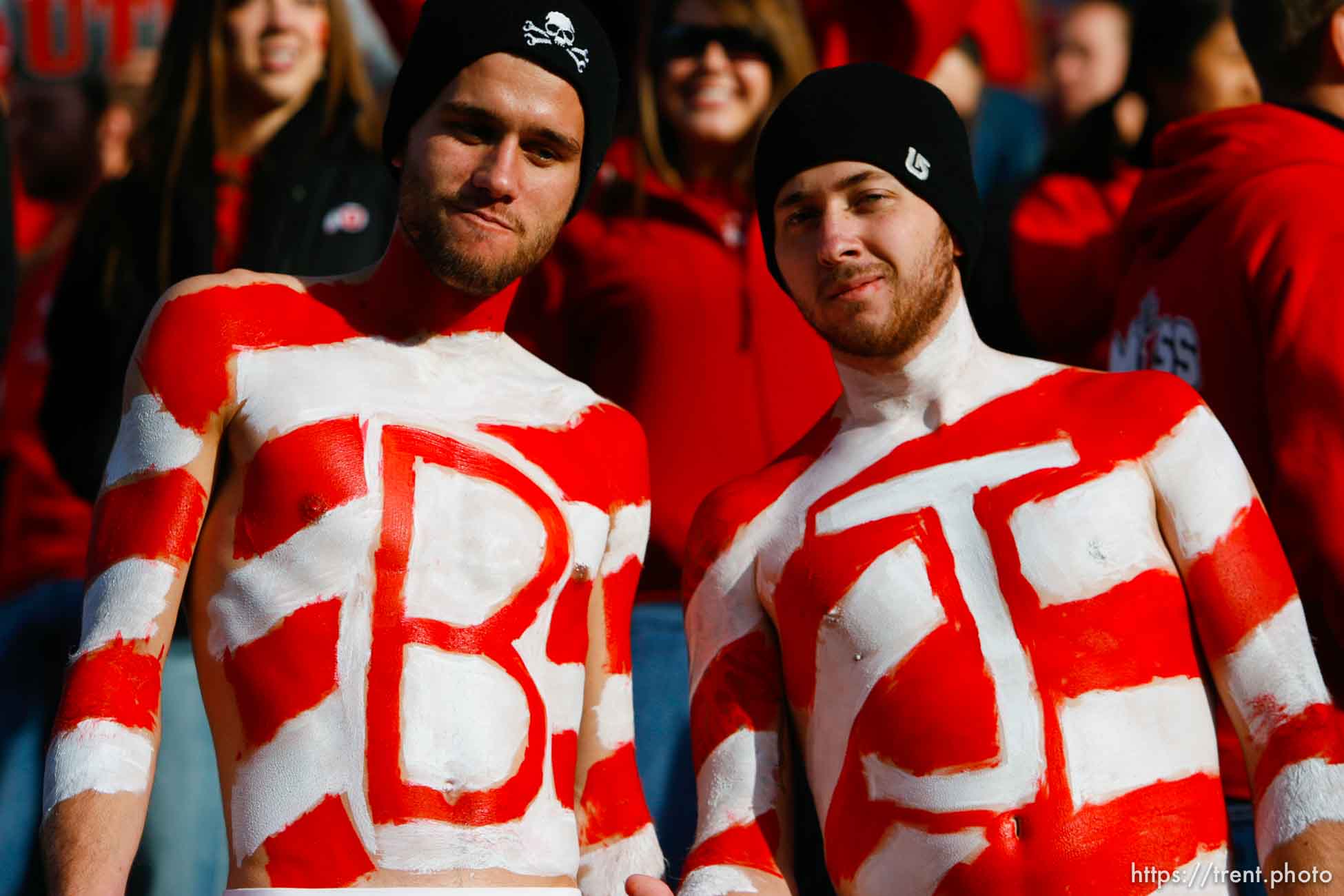 Salt Lake City - . Utah vs. BYU college football Saturday, November 22, 2008 at Rice-Eccles Stadium.  Saturday November 22, 2008. utah fans with BJ on bodies (for Brian Johnson)