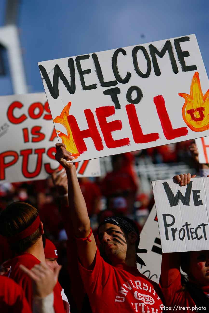 Salt Lake City - . Utah vs. BYU college football Saturday, November 22, 2008 at Rice-Eccles Stadium.  Saturday November 22, 2008. utah fans with welcome to hell signs