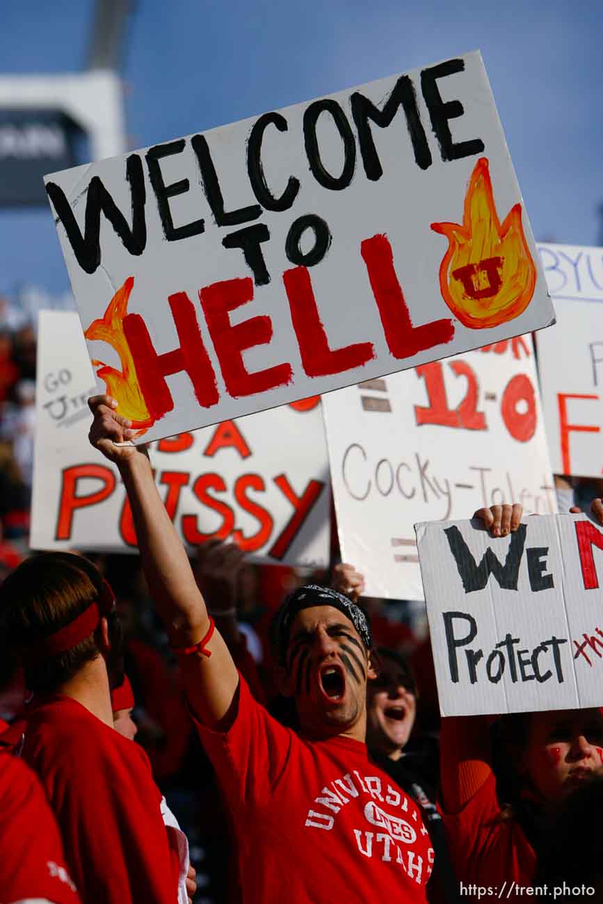 Salt Lake City - . Utah vs. BYU college football Saturday, November 22, 2008 at Rice-Eccles Stadium.  Saturday November 22, 2008. utah fans with welcome to hell signs