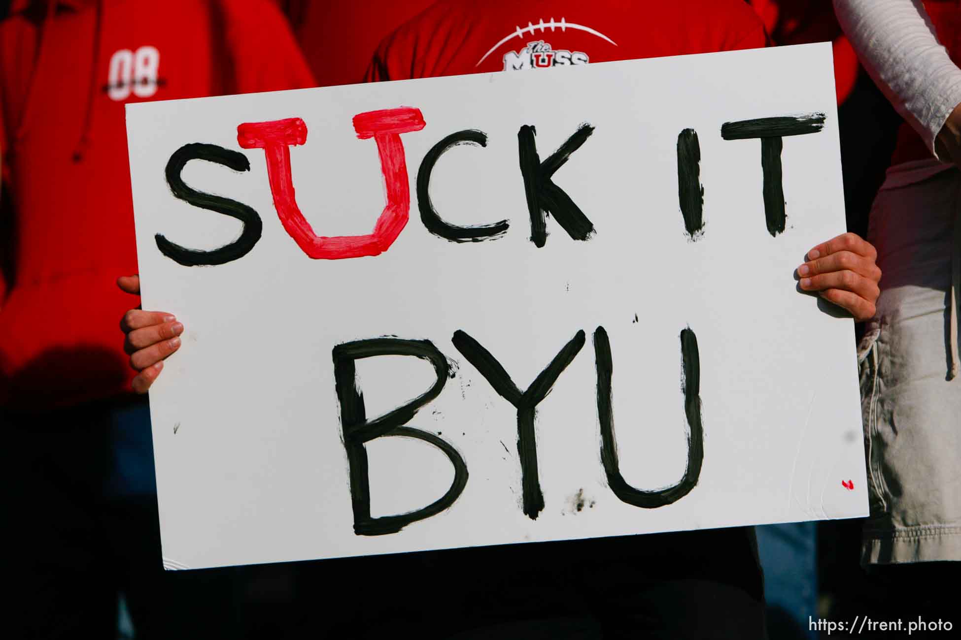 Salt Lake City - . Utah vs. BYU college football Saturday, November 22, 2008 at Rice-Eccles Stadium.  Saturday November 22, 2008. suck it byu sign