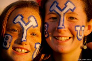 Las Vegas - at the Las Vegas Bowl, BYU vs. Arizona, college football Saturday December 20, 2008 at Sam Boyd Stadium. BYU fans Jessica Beckstrom and Rachel Beckstrom of Tooele