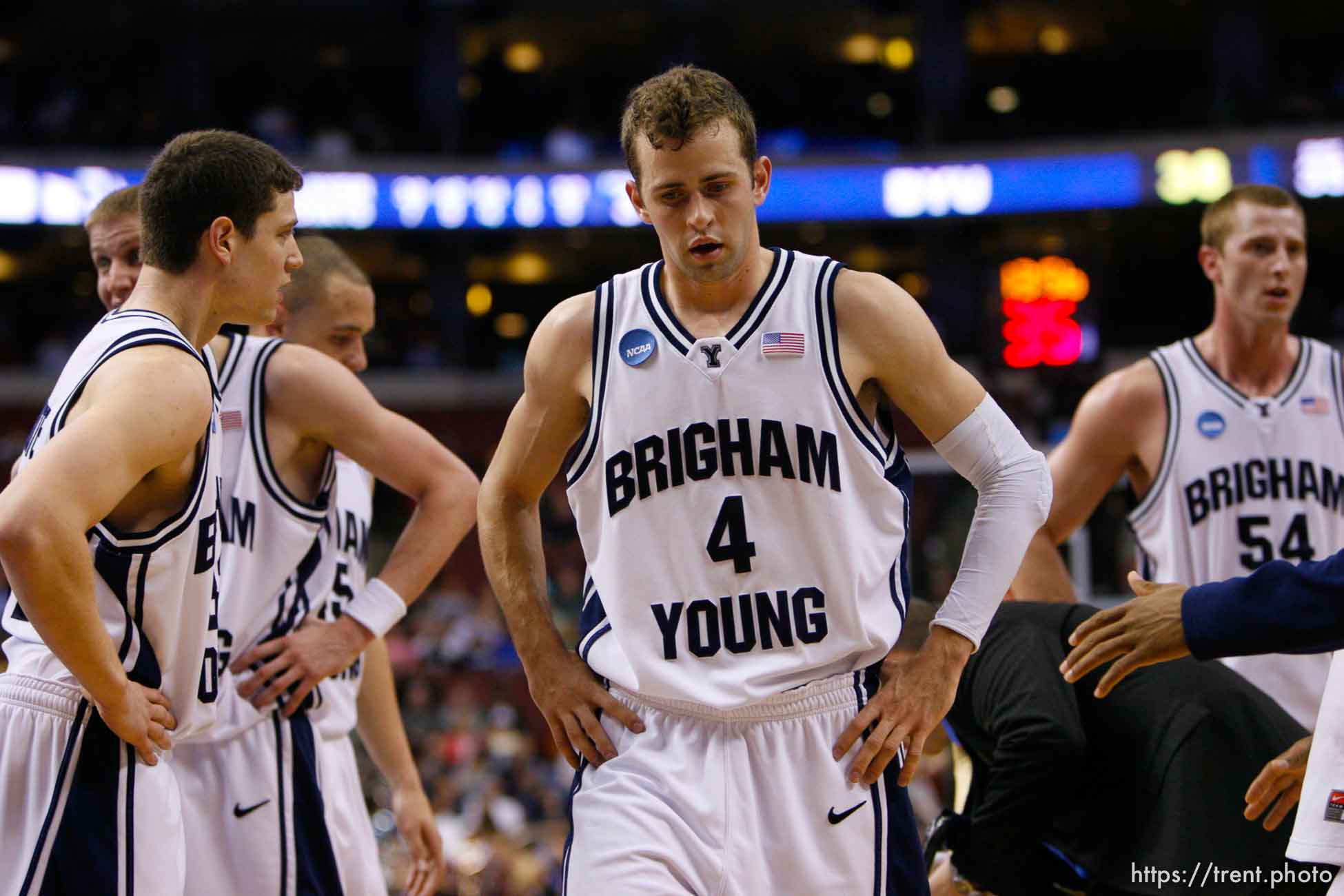 Philadelphia - BYU vs. Texas A&M college basketball, first round NCAA Division I Men's Basketball Championship at the Wachovia Center Thursday March 19, 2009. 
Brigham Young guard Lee Cummard (30) Brigham Young forward/center Chris Miles (54) Brigham Young guard Jackson Emery (4) Brigham Young guard Jimmer Fredette (32) Brigham Young guard/forward Jonathan Tavernari (45)