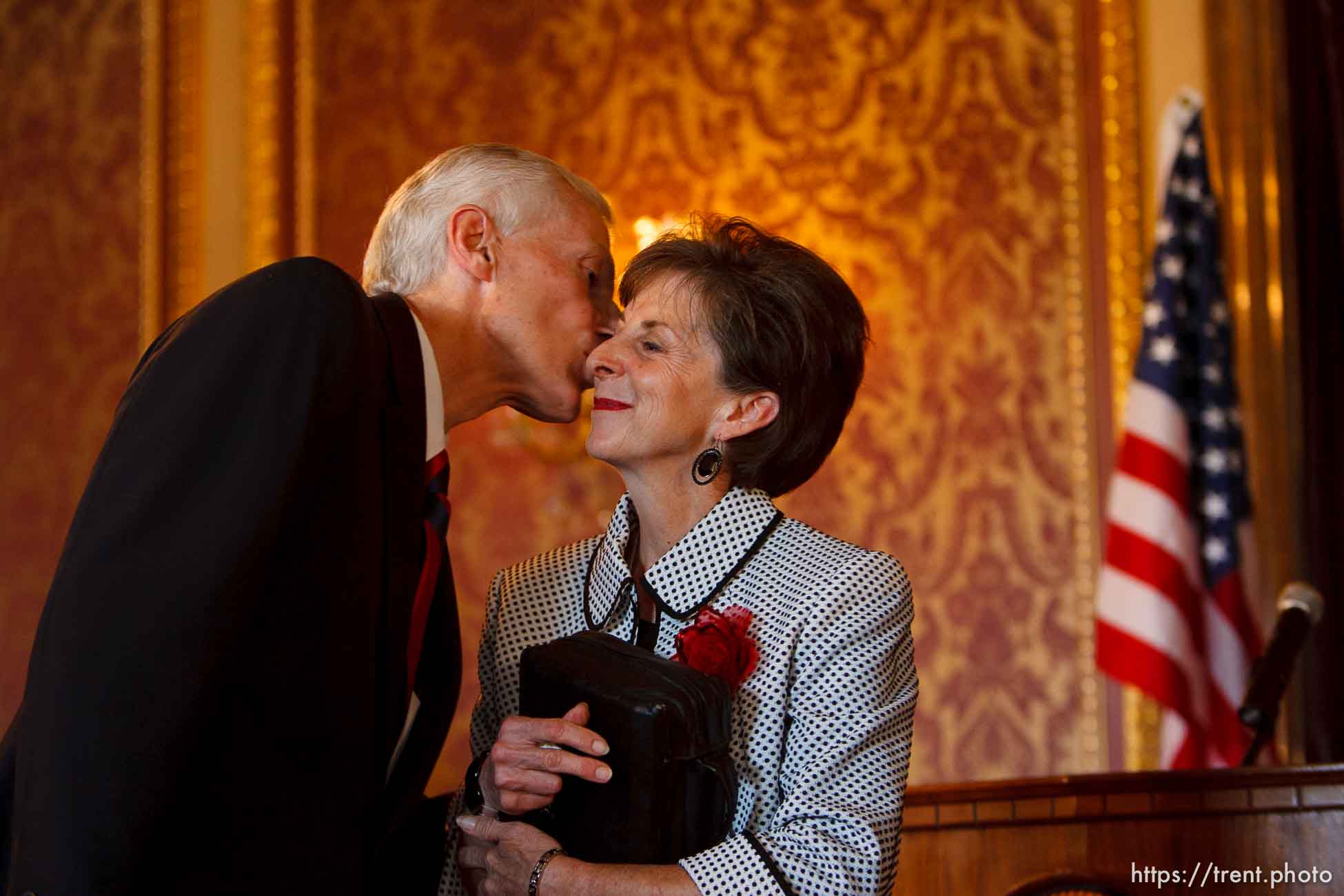 Salt Lake City - Greg Bell is sworn in as the state's Lieutenant Governor Tuesday, September 1 2009 at the State Capitol. With him is his wife, JoLynn Bell