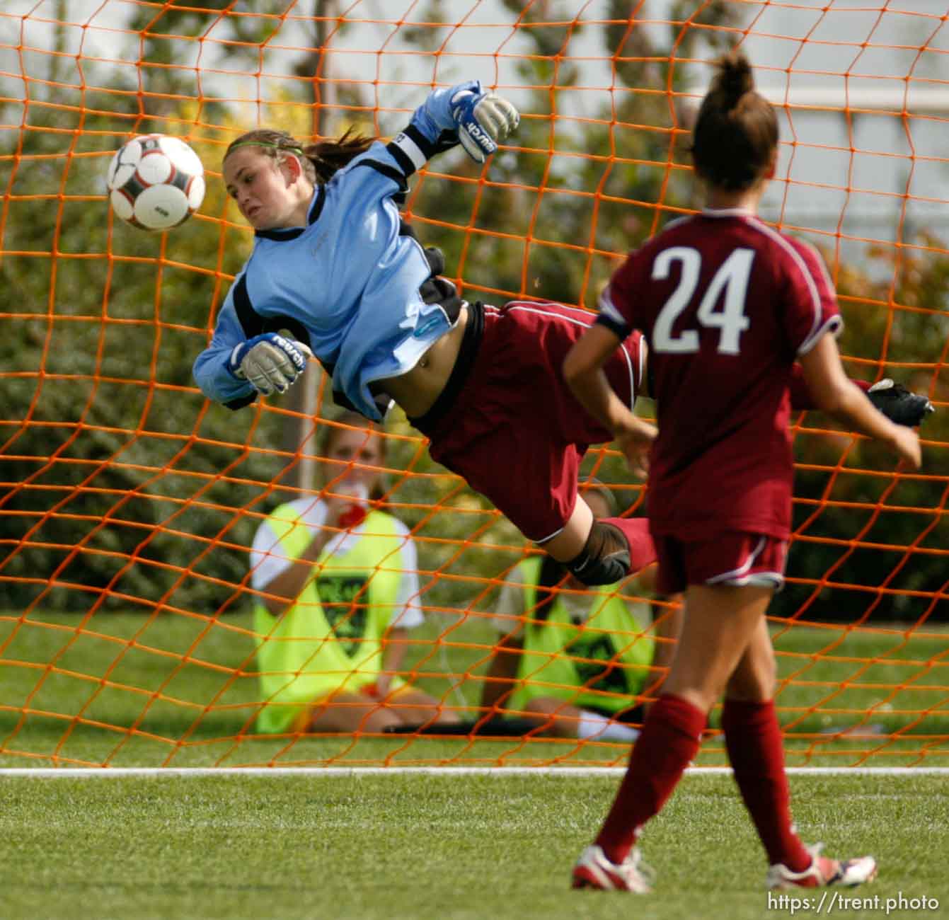 Kaysville - Northridge goalkeeper Diane McDonald dives for the save, but the shot by Davis's Katelyn McLeod makes it 5-0 in the first half. Davis vs. Northridge high school girls soccer Thursday, September 10 2009.
Trent Nelson/The Salt Lake Tribune; 9.10.2009