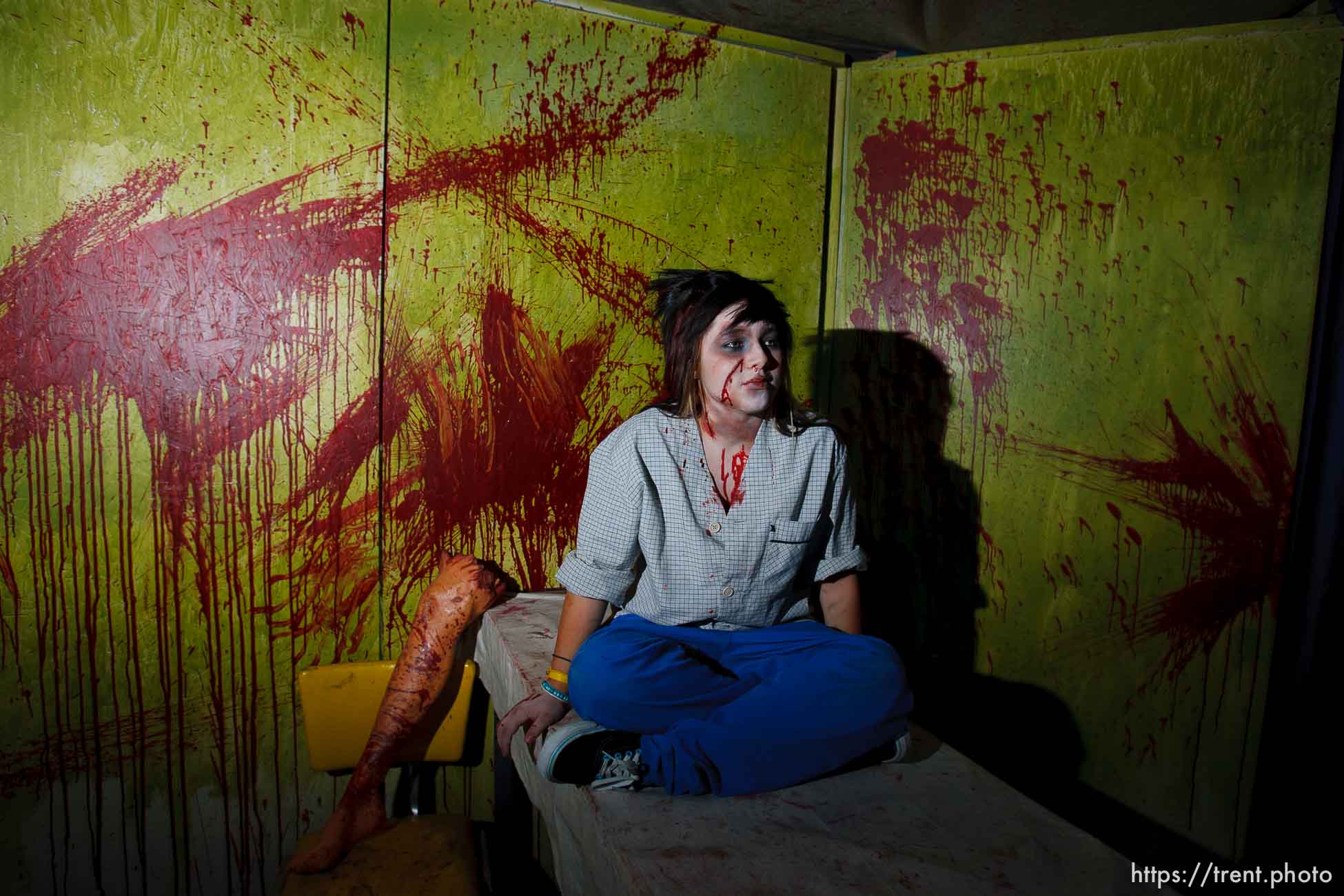 Lexxi Galloway plays an autopsy patient
Nightmare Mansion is a brand new haunted house owned by the Castle of Chaos. Nightmare Mansion is home to four levels of fear, each progressively scarier than the last. The first show, Nightmare in 3D, consists of 3D art painted by nationally renowned artist, Stuart Smith. 3D glasses will be provided, this is the only Smith show in Utah. If you dare to go further, the next show takes you deeper into the nightmare and into the basement mortuary, for the Haunted Mansion. The third show, Taken Asylum is a little twisted, the patients are taking over the mental hospital. The last show, The Dungeon is just downright brutal, envision a prison housing only the worst criminal offenders. Saturday, October 3 2009 in Taylorsville.