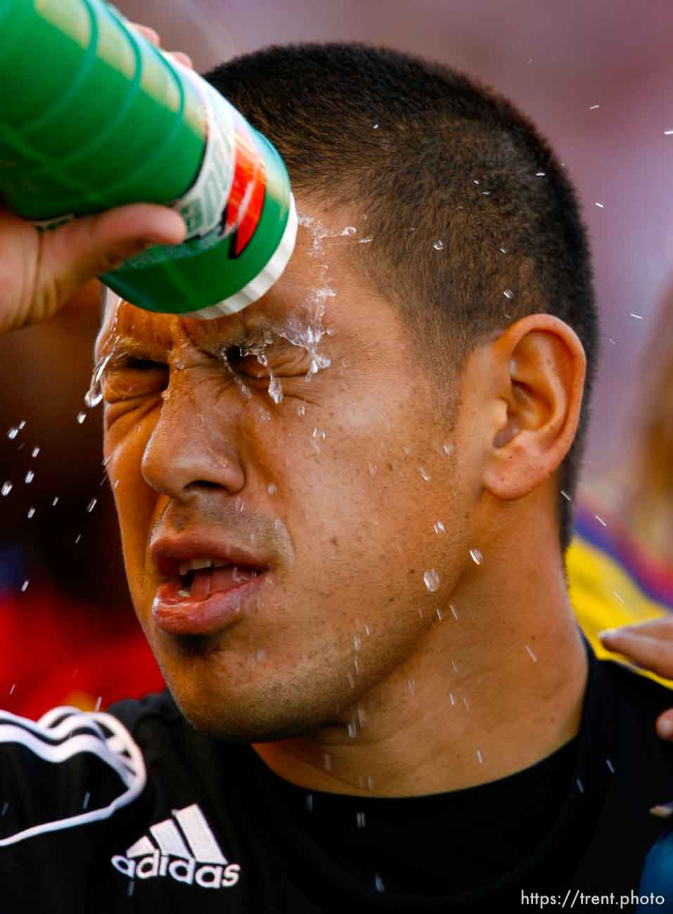 Trent Nelson  |  The Salt Lake Tribune
Real Salt Lake goalkeeper Nick Rimando (18) squirts water on his face during a pre-game ritual. Real Salt Lake vs. Columbus Crew, MLS Soccer playoffs Saturday, October 31 2009 at Rio Tinto Stadium in Sandy.