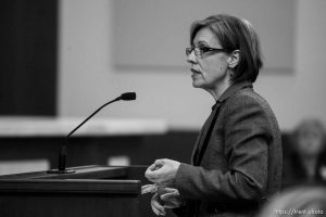 Assistant Utah Attorney General Laura Dupaix presents the state's case after attorneys for convicted polygamist leader Warren Jeffs argued their case before the Utah Supreme Court Tuesday, November 3 2009 in Salt Lake City, hoping to overturn Jeffs' 2007 conviction as an accomplice to rape.