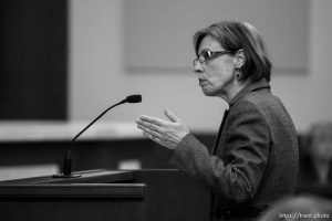 Assistant Utah Attorney General Laura Dupaix presents the state's case after attorneys for convicted polygamist leader Warren Jeffs argued their case before the Utah Supreme Court Tuesday, November 3 2009 in Salt Lake City, hoping to overturn Jeffs' 2007 conviction as an accomplice to rape.