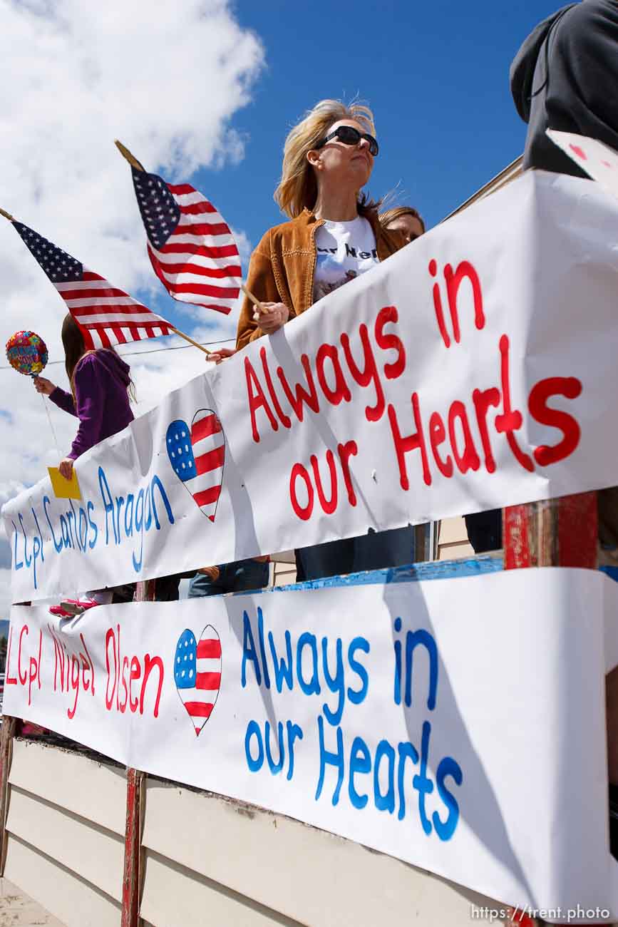 Trent Nelson  |  The Salt Lake Tribune
Bluffdale - The Marines of Charlie Company, 4th LAR, returned home from Afghanistan Saturday, May 29, 2010, without two of their brothers in arms. Although it was painful, Kim Olsen, mother of fallen Marine Nigel Olsen was at Camp Williams to meet them.