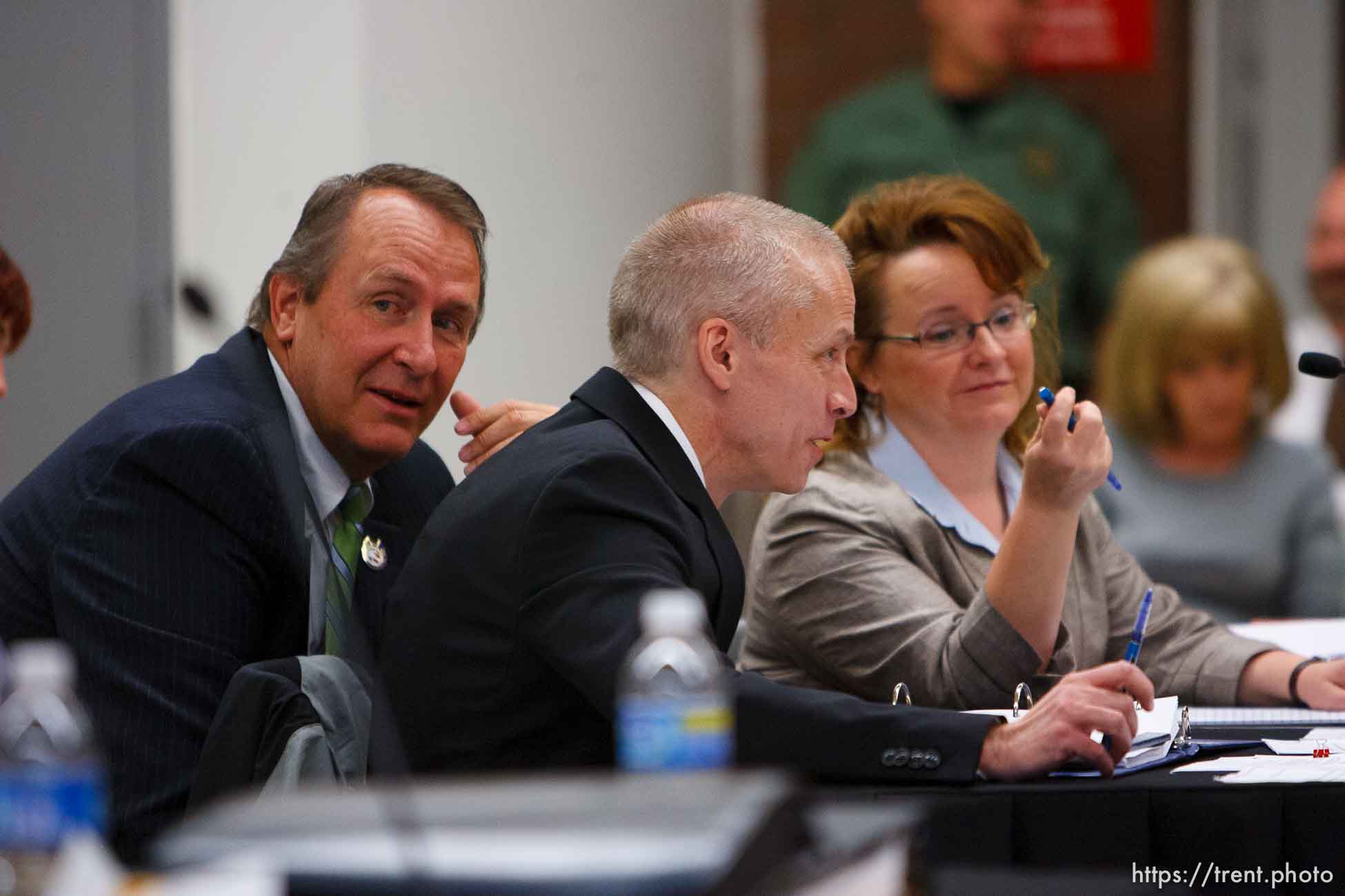 Trent Nelson  |  The Salt Lake Tribune
Draper - (left to right) Utah Attorney General Mark Shurtleff and Assistant Attorneys General Tom Brunker and Erin Riley on the second day of a commutation hearing for death-row inmate Ronnie Lee Gardner Friday, June 11, 2010, at the Utah State Prison.