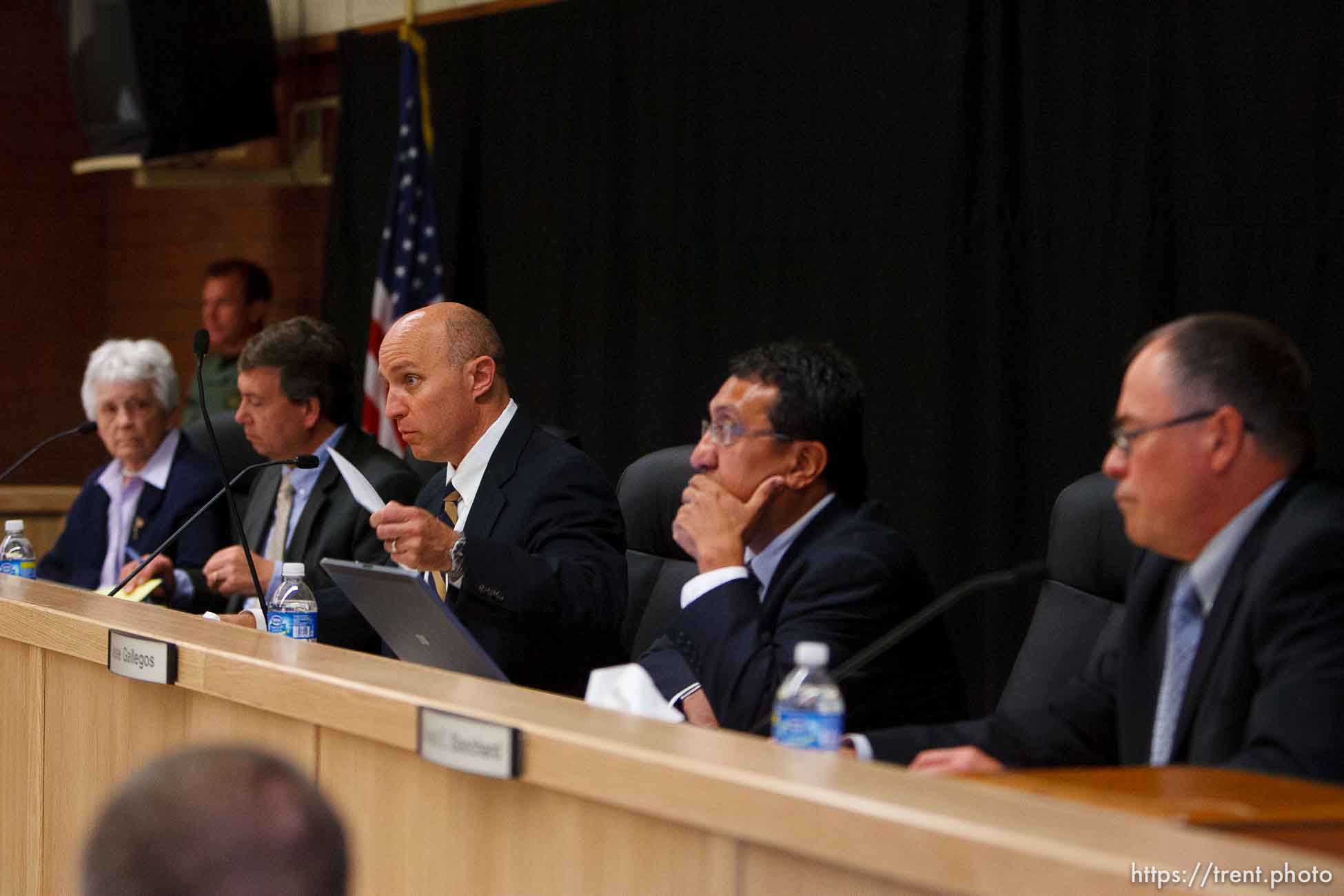 Trent Nelson  |  The Salt Lake Tribune
Draper - Board of Pardons and Parole members (left to right) Iris Hemenway, Clark Harms, Curtis Garner, Jesse Gallegos and Donald Blanchard listen to closing arguments on the second day of a commutation hearing for death-row inmate Ronnie Lee Gardner Friday, June 11, 2010, at the Utah State Prison.