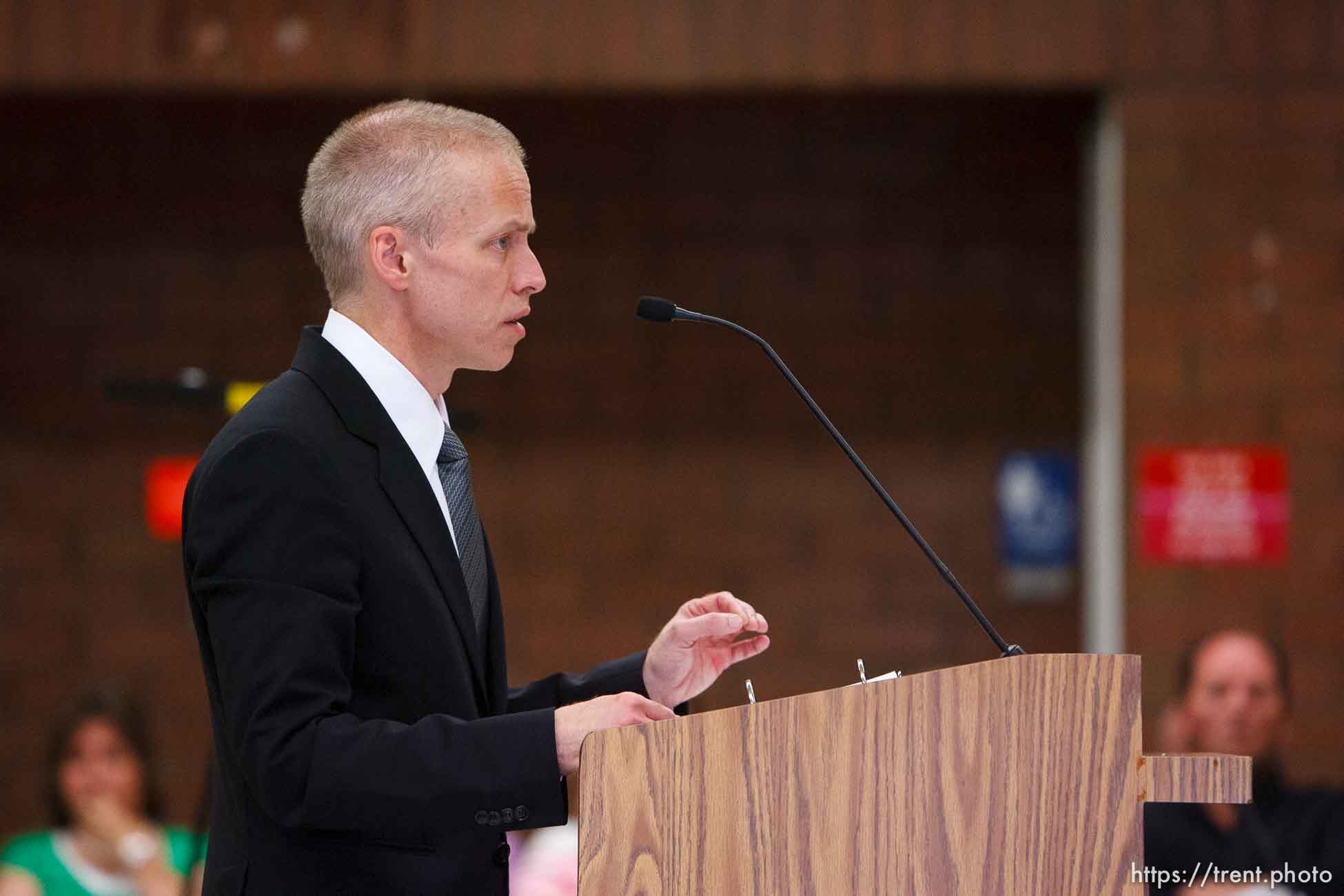 Trent Nelson  |  The Salt Lake Tribune
Draper - Utah Assistant Attorney General Tom Brunker makes his closing arguments on the second day of a commutation hearing for death-row inmate Ronnie Lee Gardner Friday, June 11, 2010, at the Utah State Prison.