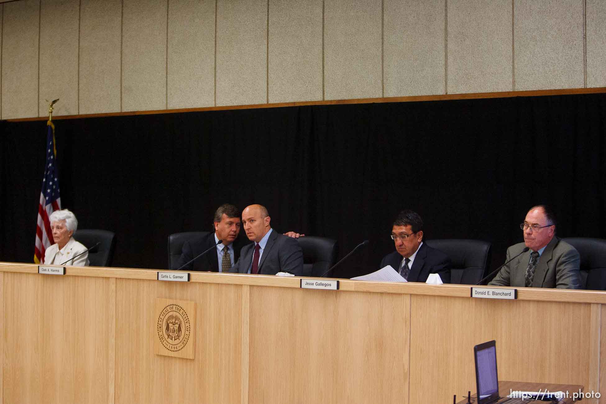 Trent Nelson  |  The Salt Lake Tribune
Draper - The Utah Board of Pardons and Parole, (left to right) Iris Hemenway, Clark Harms, Curtis Garner, Jesse Gallegos and Donald Blanchard, announced their unanimous decision to deny Ronnie Lee Gardner's request for commutation Monday, June 14, 2010. He is scheduled to be executed by firing squad Friday.