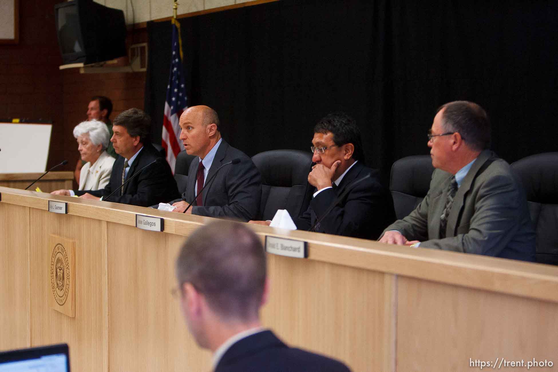 Trent Nelson  |  The Salt Lake Tribune
Draper - The Utah Board of Pardons and Parole, (left to right) Iris Hemenway, Clark Harms, Curtis Garner, Jesse Gallegos and Donald Blanchard, announced their unanimous decision to deny Ronnie Lee Gardner's request for commutation Monday, June 14, 2010. He is scheduled to be executed by firing squad Friday.