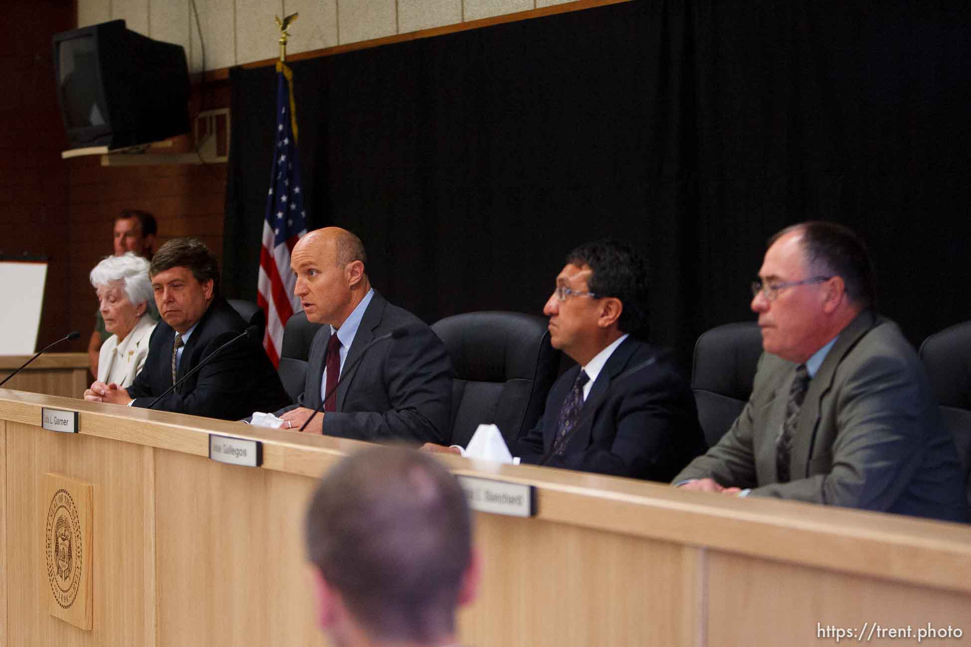 Trent Nelson  |  The Salt Lake Tribune
Draper - The Utah Board of Pardons and Parole, (left to right) Iris Hemenway, Clark Harms, Curtis Garner, Jesse Gallegos and Donald Blanchard, announced their unanimous decision to deny Ronnie Lee Gardner's request for commutation Monday, June 14, 2010. He is scheduled to be executed by firing squad Friday.