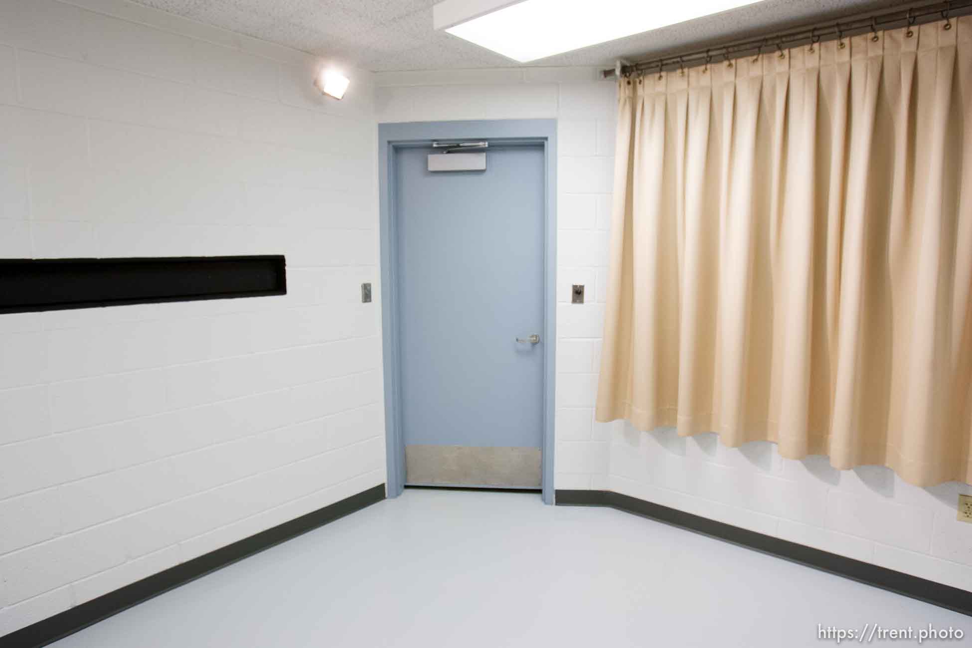 Trent Nelson  |  The Salt Lake Tribune
Draper - The execution chamber at the Utah State Prison after Ronnie Lee Gardner was executed by firing squad Friday, June 18, 2010. Four bullet holes are visible in the wood panel behind the chair. Gardner was convicted of aggravated murder, a capital felony, in 1985.