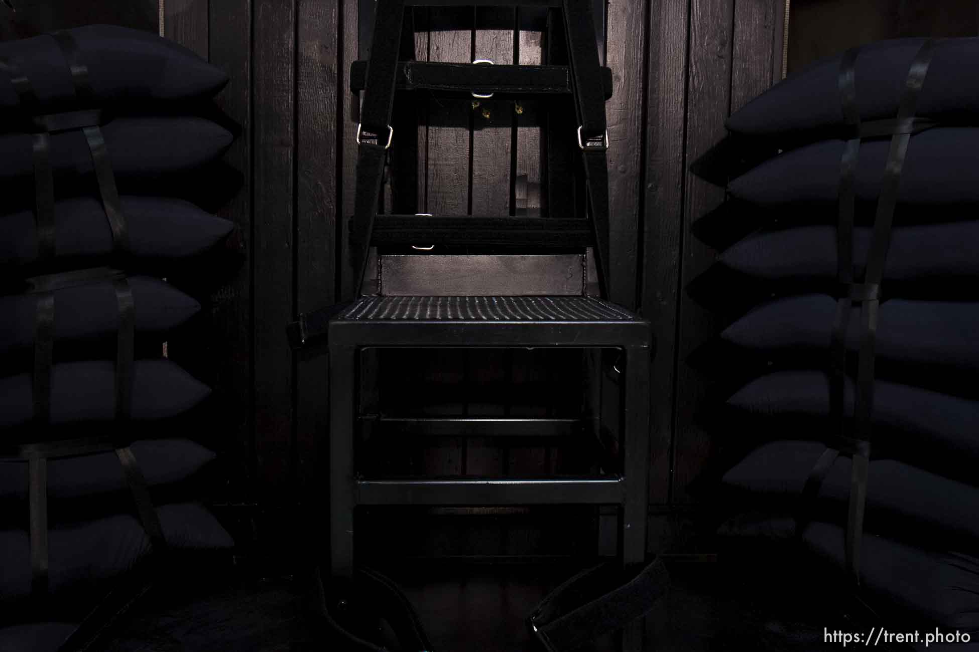 Trent Nelson  |  The Salt Lake Tribune
Draper - The execution chamber at the Utah State Prison after Ronnie Lee Gardner was executed by firing squad Friday, June 18, 2010. Four bullet holes are visible in the wood panel behind the chair. Gardner was convicted of aggravated murder, a capital felony, in 1985.