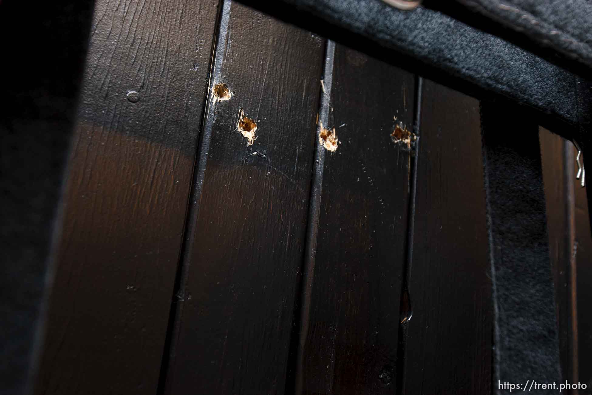 Trent Nelson  |  The Salt Lake Tribune
Draper - The execution chamber at the Utah State Prison after Ronnie Lee Gardner was executed by firing squad Friday, June 18, 2010. Four bullet holes are visible in the wood panel behind the chair. Gardner was convicted of aggravated murder, a capital felony, in 1985.