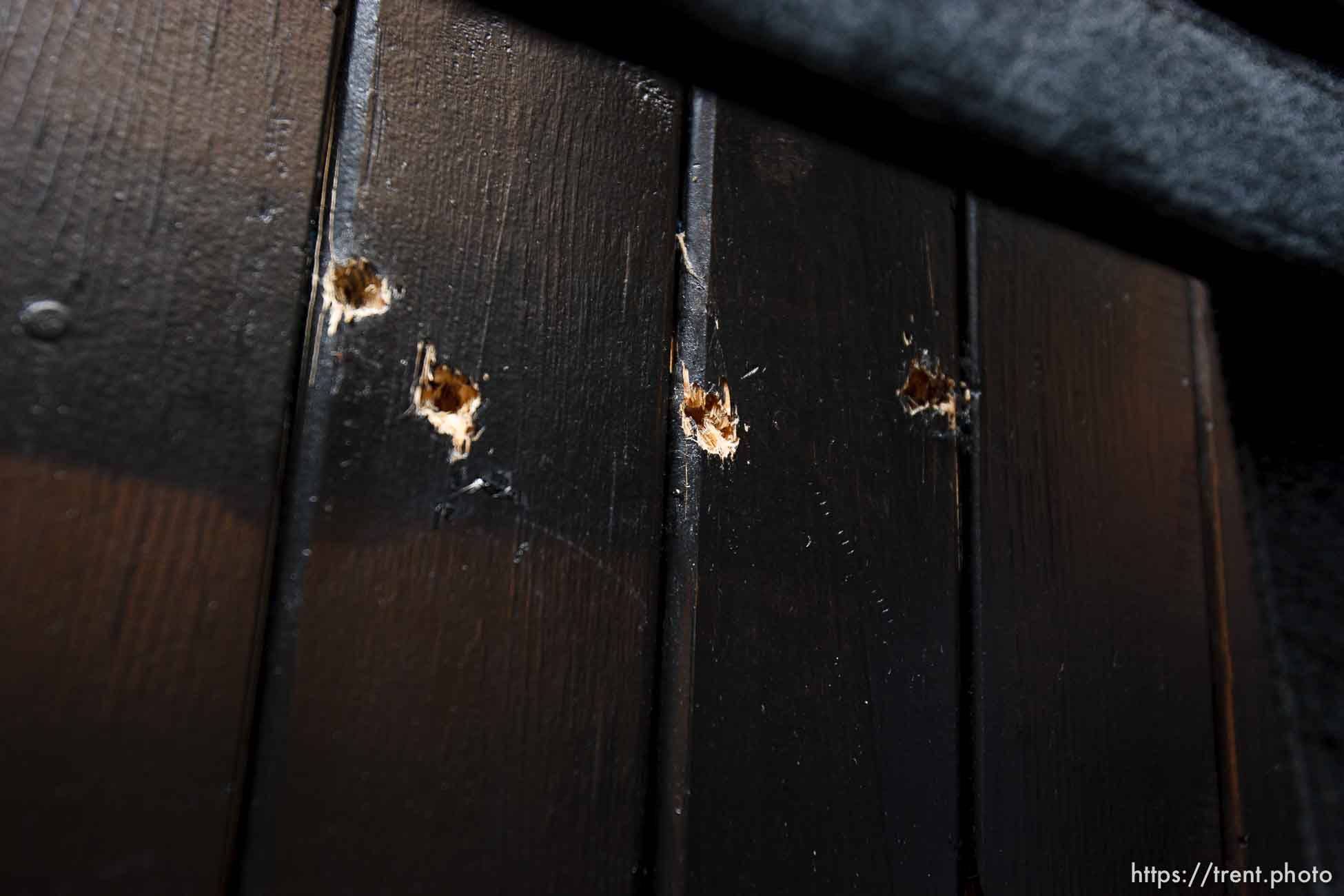 Trent Nelson  |  The Salt Lake Tribune
Draper - The execution chamber at the Utah State Prison after Ronnie Lee Gardner was executed by firing squad Friday, June 18, 2010. Four bullet holes are visible in the wood panel behind the chair. Gardner was convicted of aggravated murder, a capital felony, in 1985.