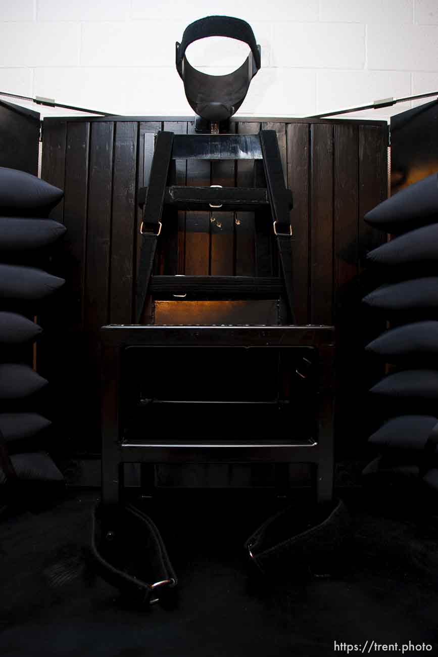 Trent Nelson  |  The Salt Lake Tribune
Draper - The execution chamber at the Utah State Prison after Ronnie Lee Gardner was executed by firing squad Friday, June 18, 2010. Four bullet holes are visible in the wood panel behind the chair. Gardner was convicted of aggravated murder, a capital felony, in 1985.