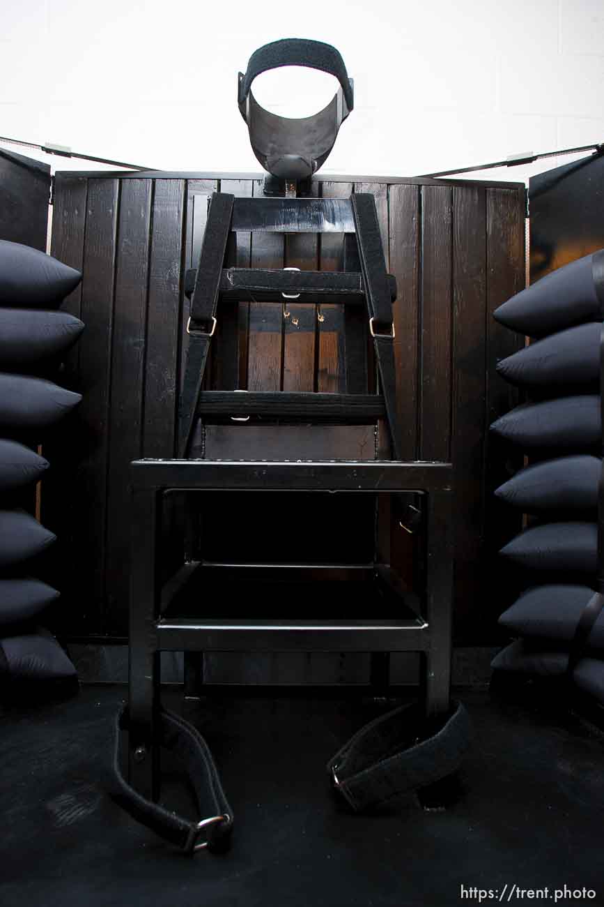 Trent Nelson  |  The Salt Lake Tribune
Draper - The execution chamber at the Utah State Prison after Ronnie Lee Gardner was executed by firing squad Friday, June 18, 2010. Four bullet holes are visible in the wood panel behind the chair. Gardner was convicted of aggravated murder, a capital felony, in 1985.