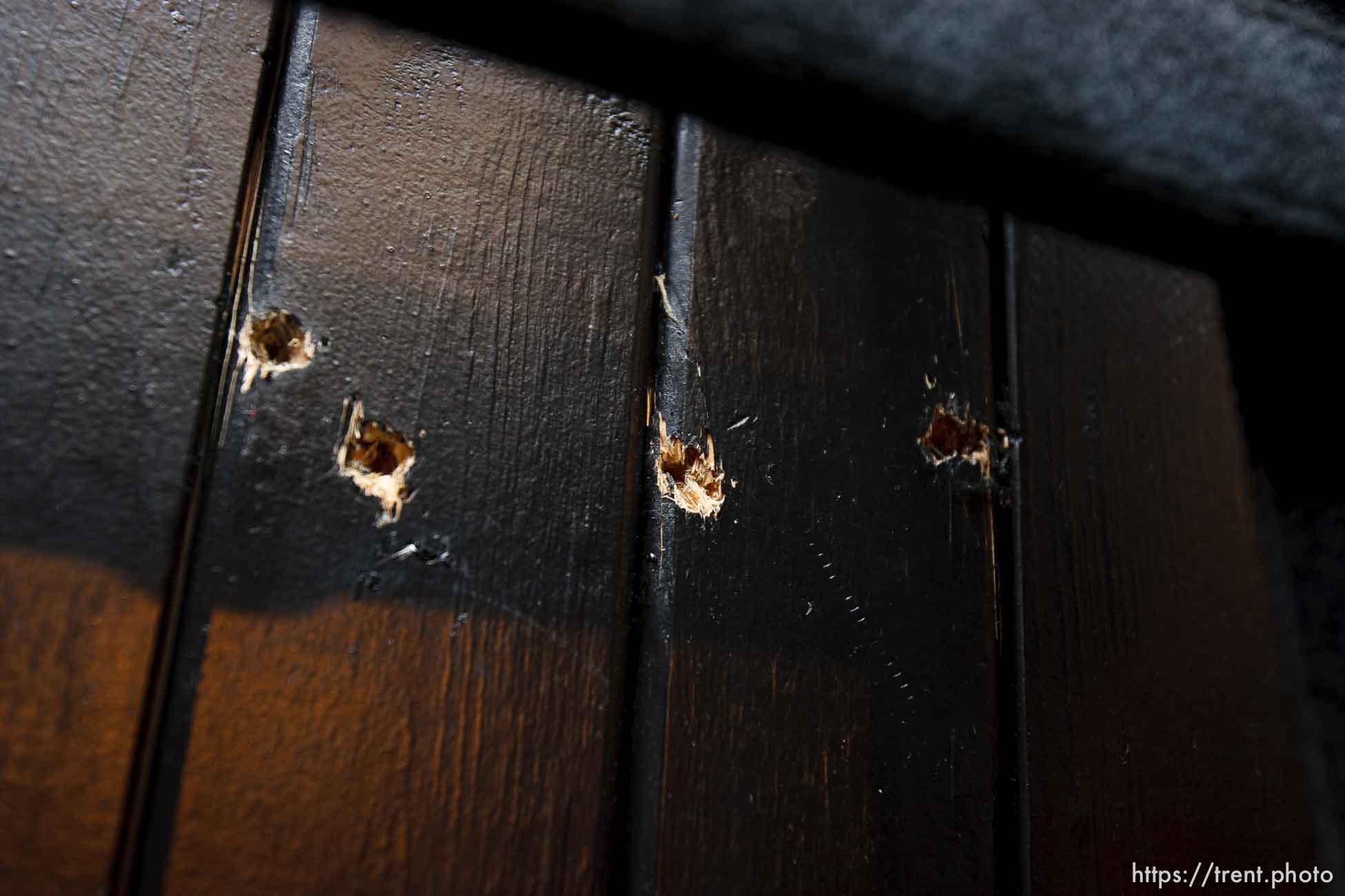 Trent Nelson  |  The Salt Lake Tribune
Draper - The execution chamber at the Utah State Prison after Ronnie Lee Gardner was executed by firing squad Friday, June 18, 2010. Four bullet holes are visible in the wood panel behind the chair. Gardner was convicted of aggravated murder, a capital felony, in 1985.