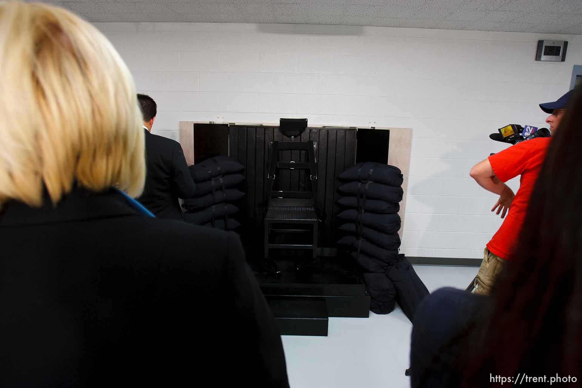 Trent Nelson  |  The Salt Lake Tribune
Draper - The execution chamber at the Utah State Prison after Ronnie Lee Gardner was executed by firing squad Friday, June 18, 2010. Four bullet holes are visible in the wood panel behind the chair. Gardner was convicted of aggravated murder, a capital felony, in 1985.