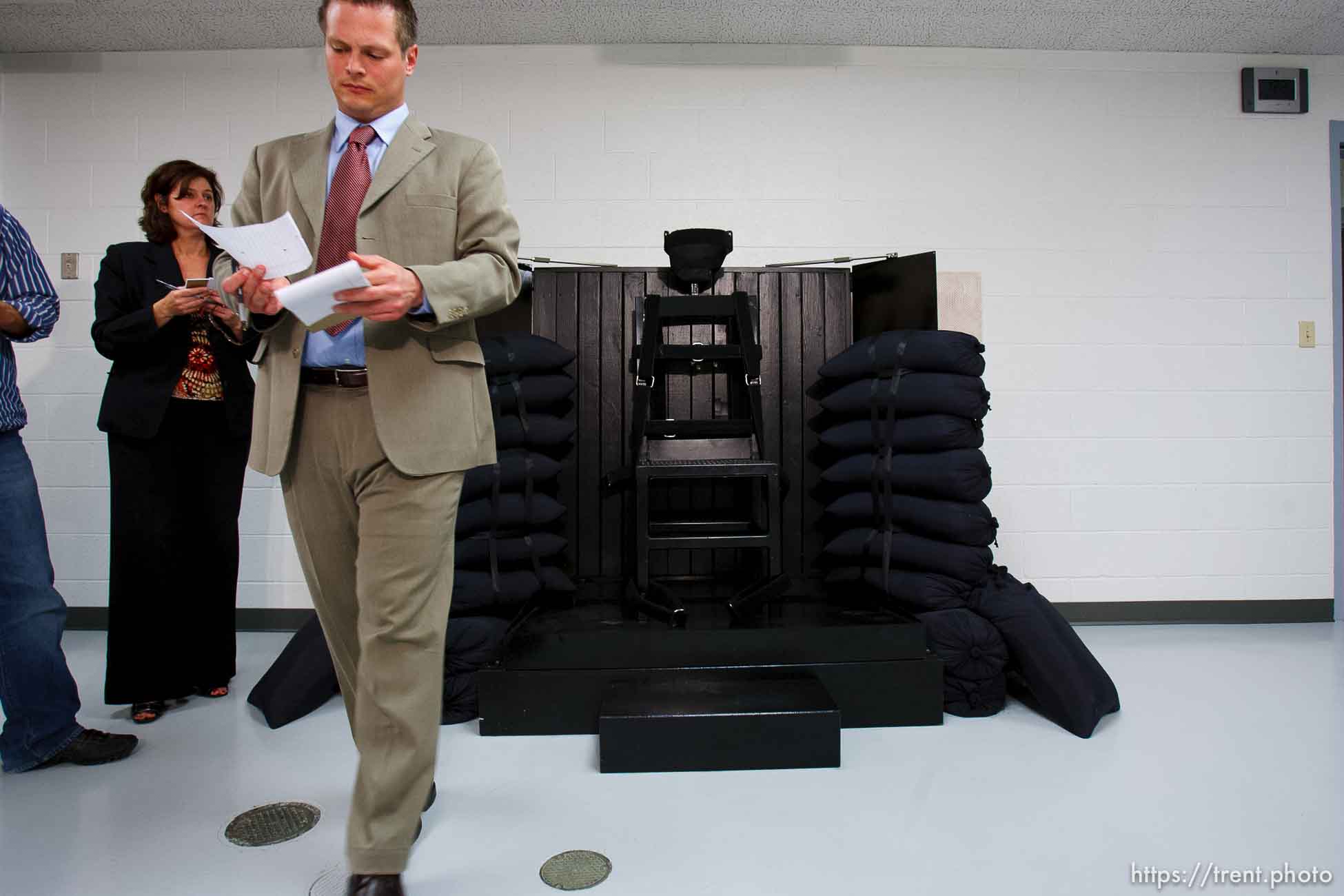 Trent Nelson  |  The Salt Lake Tribune
Draper - The execution chamber at the Utah State Prison after Ronnie Lee Gardner was executed by firing squad Friday, June 18, 2010. Four bullet holes are visible in the wood panel behind the chair. Gardner was convicted of aggravated murder, a capital felony, in 1985. nate carlisle, jennifer dobner