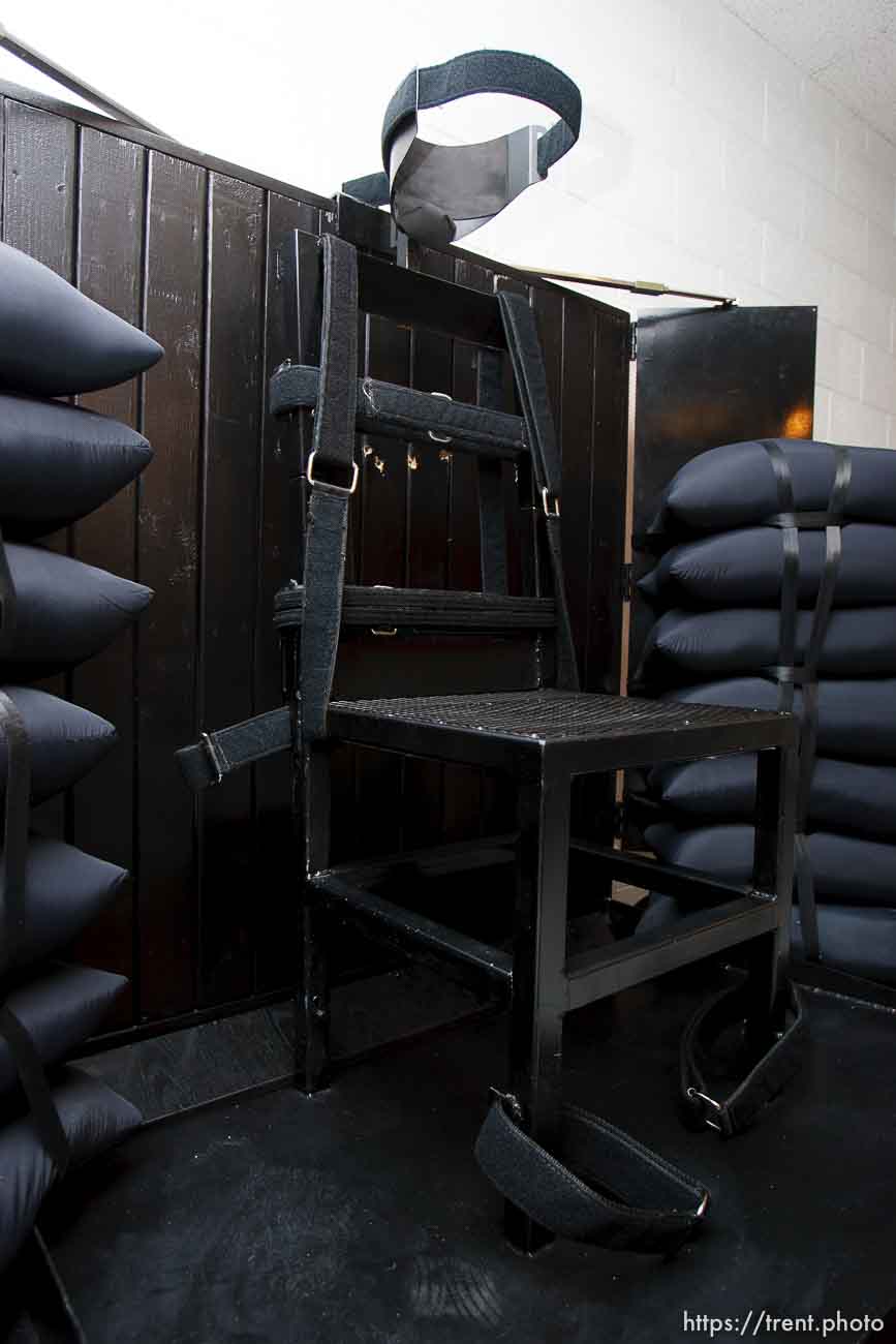 Trent Nelson  |  The Salt Lake Tribune
Draper - The execution chamber at the Utah State Prison after Ronnie Lee Gardner was executed by firing squad Friday, June 18, 2010. Four bullet holes are visible in the wood panel behind the chair. Gardner was convicted of aggravated murder, a capital felony, in 1985.