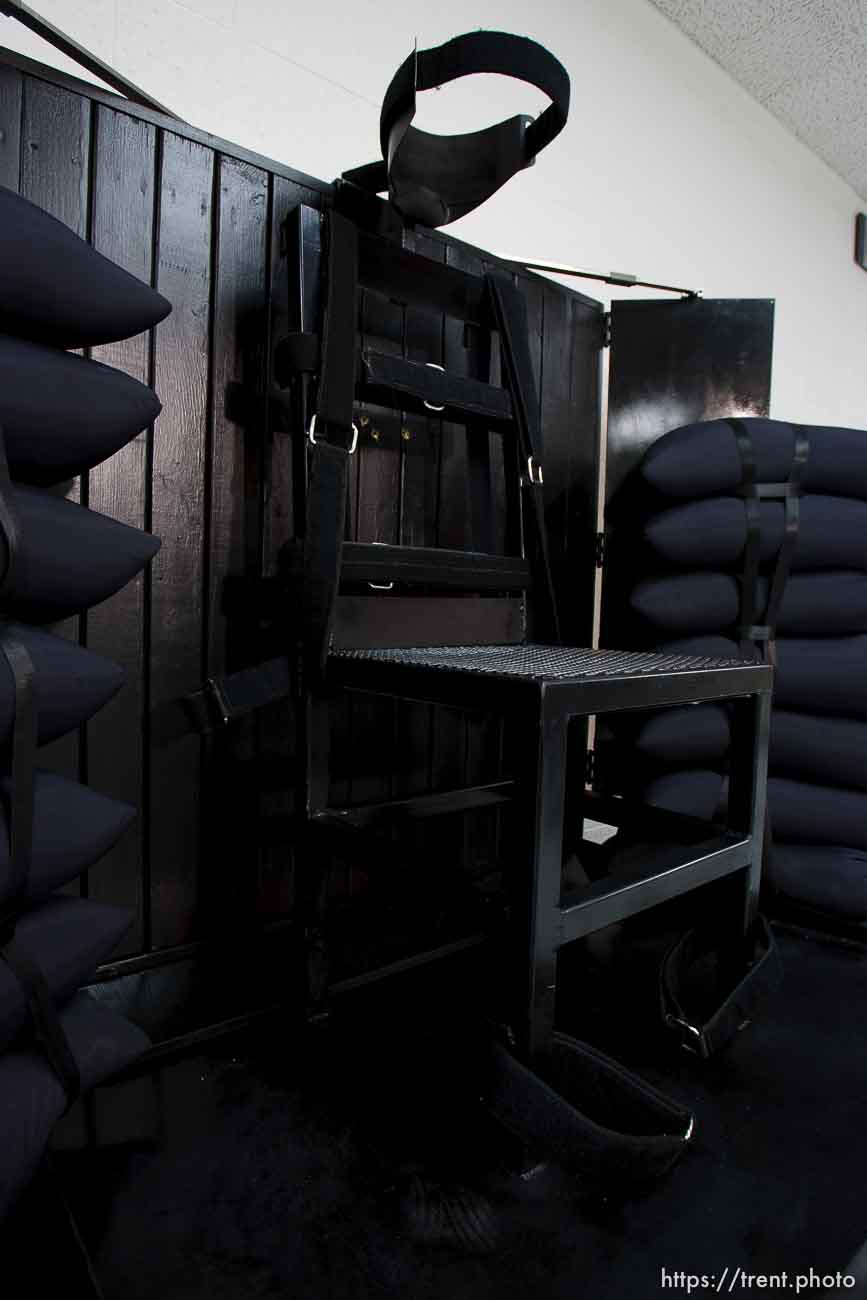 Trent Nelson  |  The Salt Lake Tribune
Draper - The execution chamber at the Utah State Prison after Ronnie Lee Gardner was executed by firing squad Friday, June 18, 2010. Four bullet holes are visible in the wood panel behind the chair. Gardner was convicted of aggravated murder, a capital felony, in 1985.