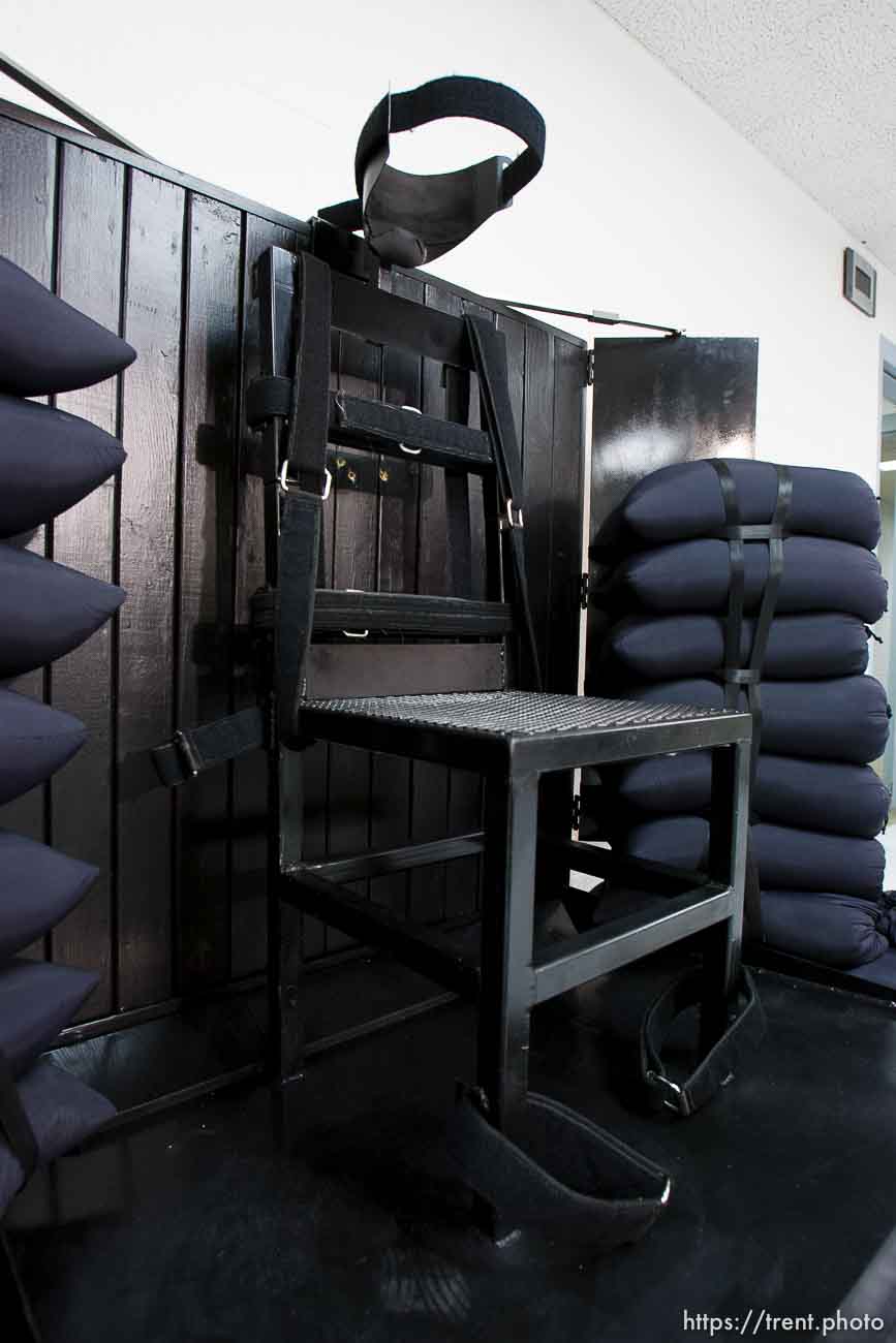 Trent Nelson  |  The Salt Lake Tribune
Draper - The execution chamber at the Utah State Prison after Ronnie Lee Gardner was executed by firing squad Friday, June 18, 2010. Four bullet holes are visible in the wood panel behind the chair. Gardner was convicted of aggravated murder, a capital felony, in 1985.