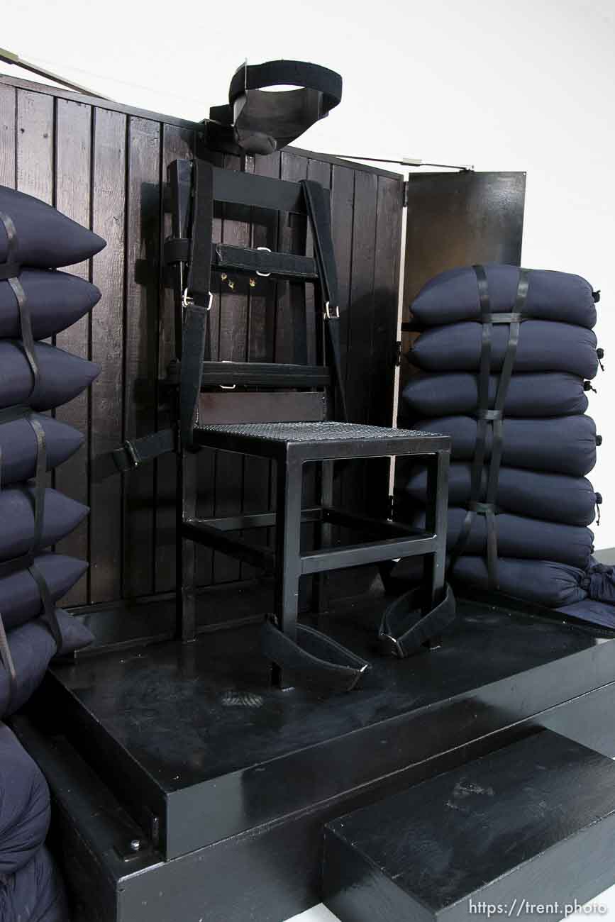 Trent Nelson  |  The Salt Lake Tribune
Draper - The execution chamber at the Utah State Prison after Ronnie Lee Gardner was executed by firing squad Friday, June 18, 2010. Four bullet holes are visible in the wood panel behind the chair. Gardner was convicted of aggravated murder, a capital felony, in 1985.