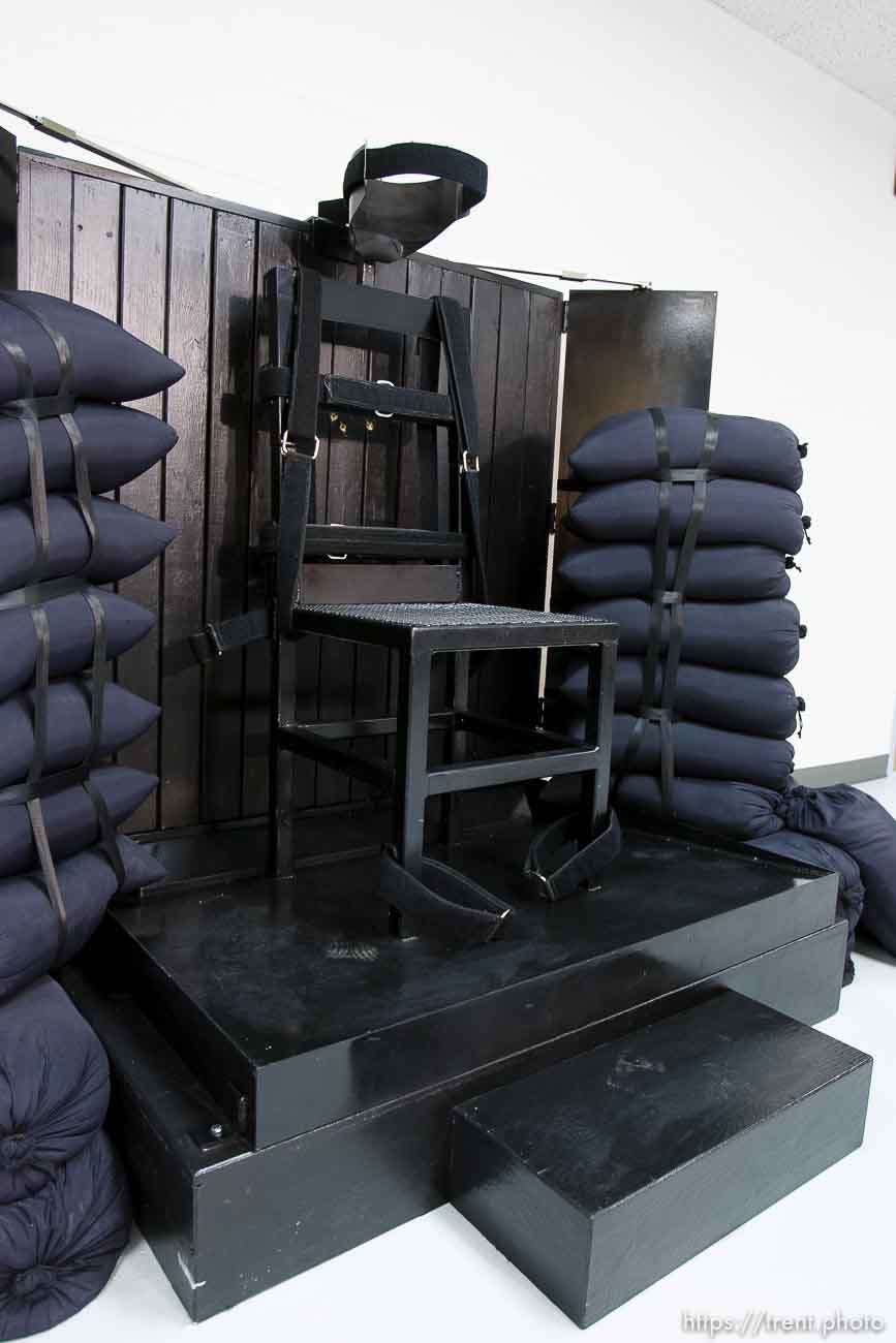 Trent Nelson  |  The Salt Lake Tribune
Draper - The execution chamber at the Utah State Prison after Ronnie Lee Gardner was executed by firing squad Friday, June 18, 2010. Four bullet holes are visible in the wood panel behind the chair. Gardner was convicted of aggravated murder, a capital felony, in 1985.