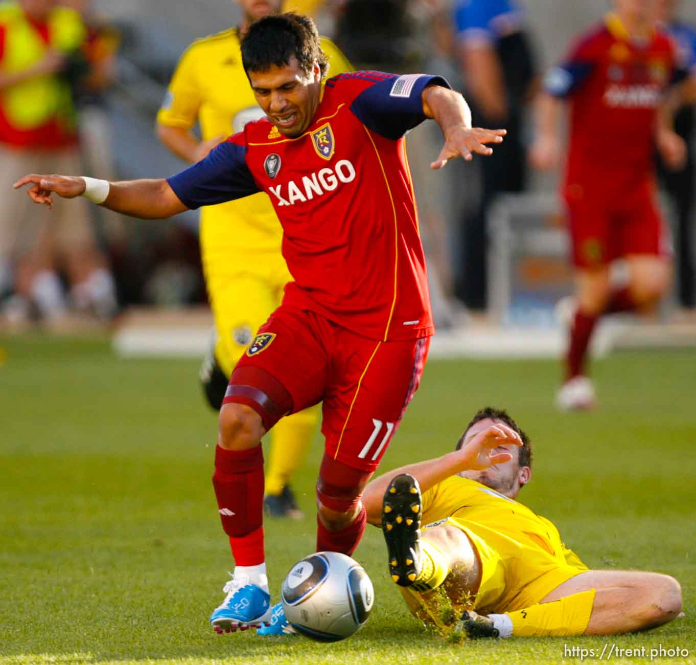 Trent Nelson  |  The Salt Lake Tribune
Real's Javier Morales is taken down by Columbus's Danny O'Rourke. Real Salt Lake vs. Columbus Crew, MLS soccer at Rio Tintio Stadium in Sandy, Saturday, August 14, 2010.