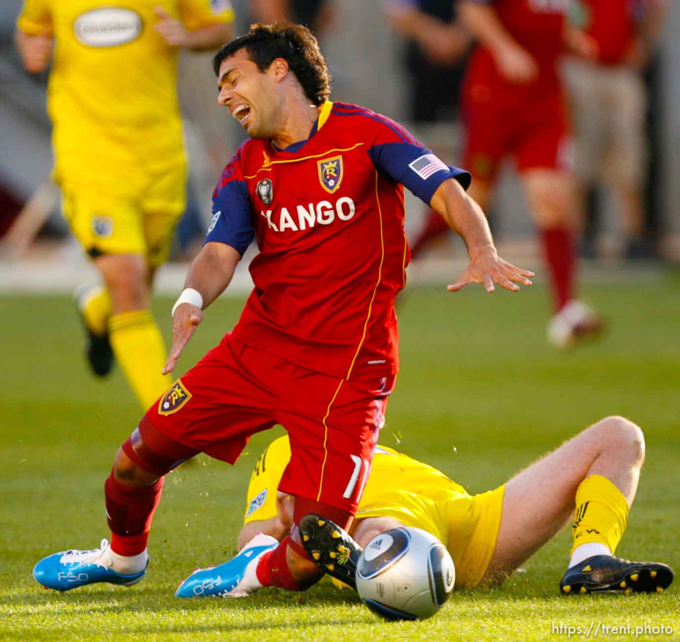 Trent Nelson  |  The Salt Lake Tribune
Real's Javier Morales is taken down by Columbus's Danny O'Rourke. Real Salt Lake vs. Columbus Crew, MLS soccer at Rio Tintio Stadium in Sandy, Saturday, August 14, 2010.