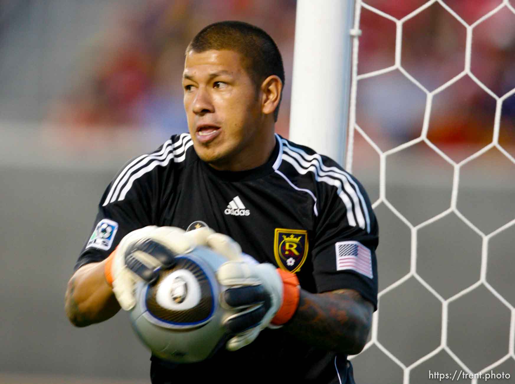 Trent Nelson  |  The Salt Lake Tribune
Real goalkeeper Nick Rimando pulls in the ball. Real Salt Lake vs. Columbus Crew, MLS soccer at Rio Tintio Stadium in Sandy, Saturday, August 14, 2010.