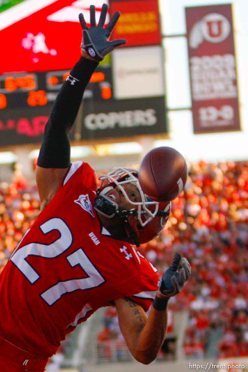 Trent Nelson  |  The Salt Lake Tribune
Utah's Brandon Burton (27) defending Pitt's Jon Baldwin (82). University of Utah vs. Pitt, college football, Thursday, September 2, 2010 at Rice-Eccles Stadium in Salt Lake City.