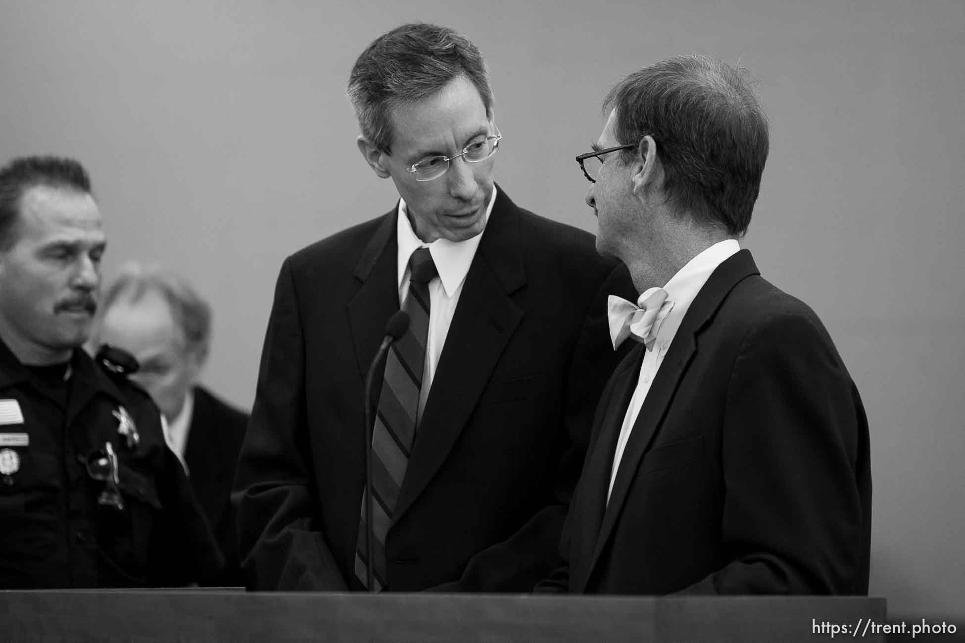 Trent Nelson  |  The Salt Lake Tribune
Warren Jeffs, leader of the FLDS Church, appeared before Judge Terry Christiansen in Third District Court  Tuesday, September 7, 2010 in West Jordan, Utah. At right is his attorney Walter Bugden.