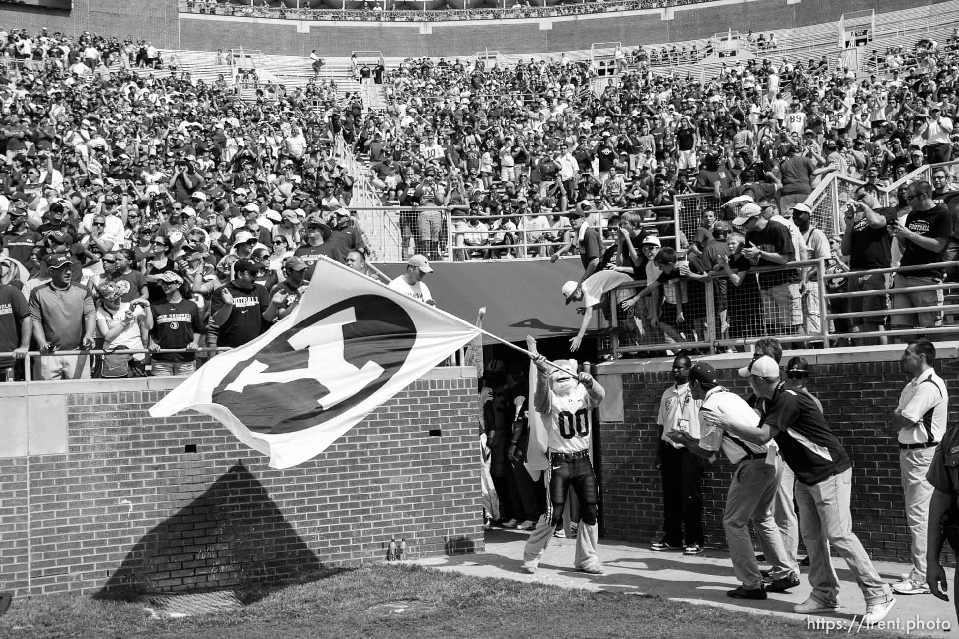 Trent Nelson  |  The Salt Lake Tribune
BYU mascot Cosmo waves the Y flag before the team took the field at BYU vs. Florida State, college football Saturday, September 18, 2010 at Doak Campbell Stadium in Tallahassee, Florida.