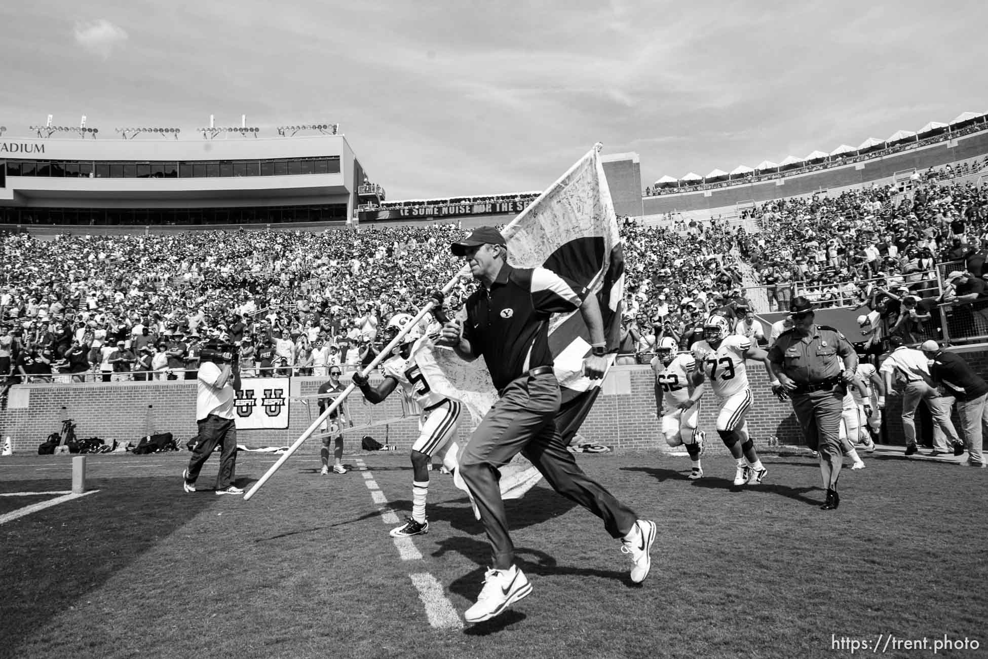 Trent Nelson  |  The Salt Lake Tribune
BYU takes the field, BYU coach Bronco Mendenhall , BYU vs. Florida State, college football Saturday, September 18, 2010 at Doak Campbell Stadium in Tallahassee, Florida.