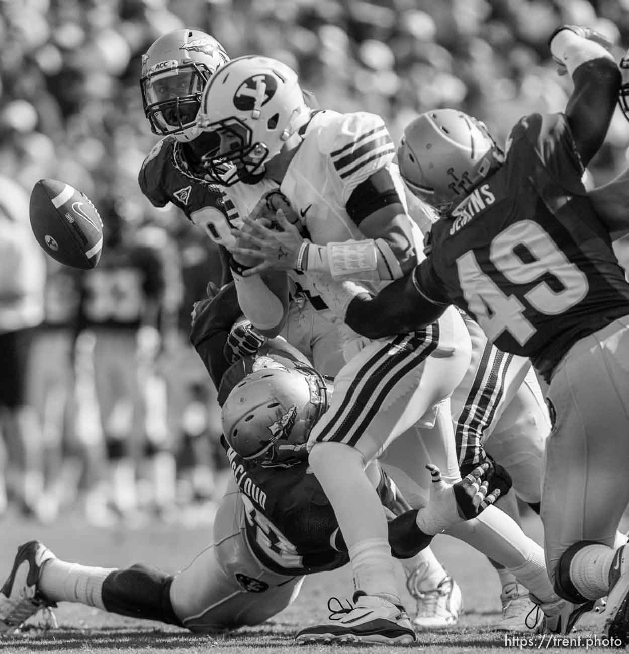 Trent Nelson  |  The Salt Lake Tribune
BYU quarterback Jake Heaps (9) fumbles the ball in the second quarter, BYU vs. Florida State, college football Saturday, September 18, 2010 at Doak Campbell Stadium in Tallahassee, Florida.