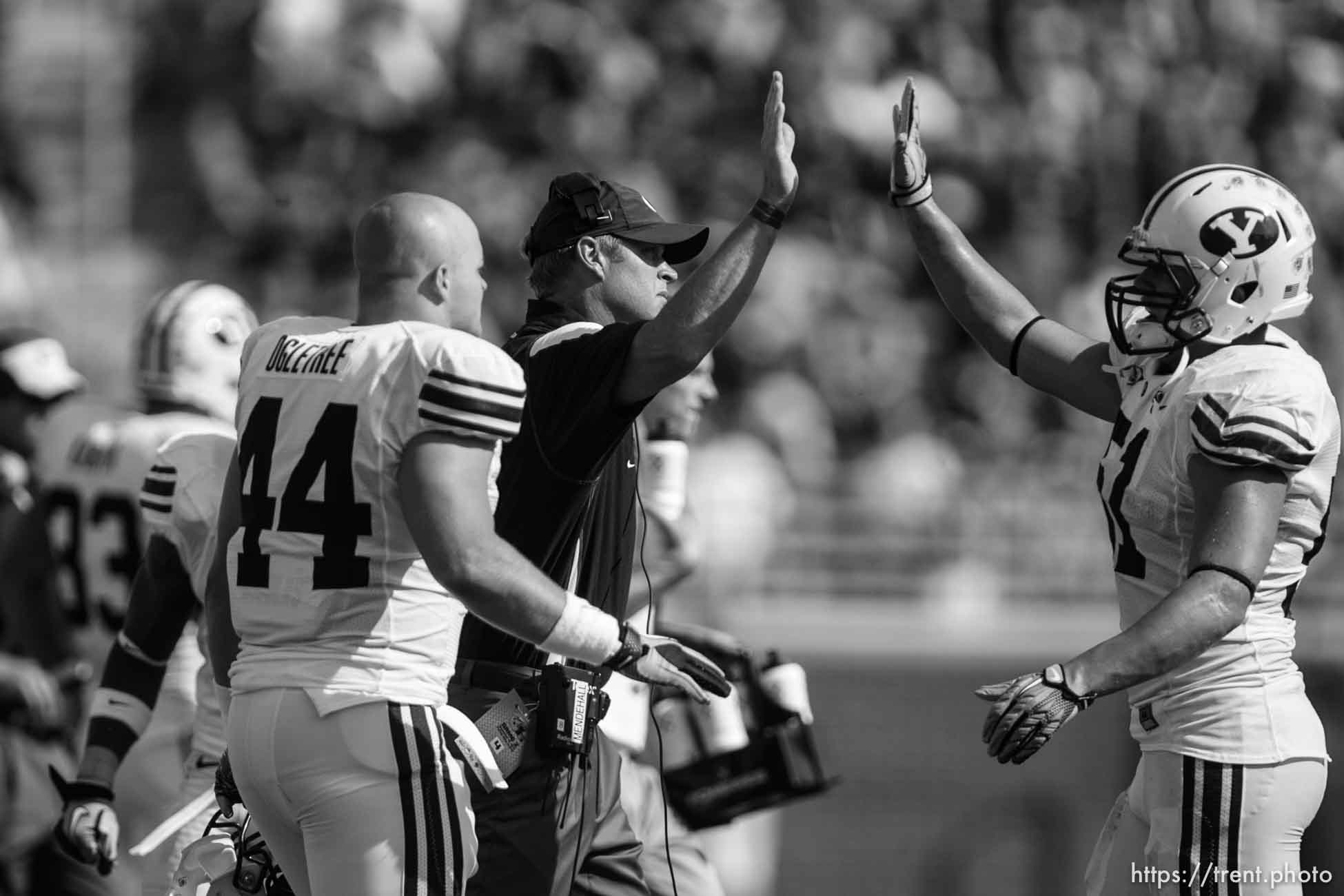 Trent Nelson  |  The Salt Lake Tribune
BYU coach Bronco Mendenhall high-fives BYU linebacker Shane Hunter (51)  in the second quarter, BYU vs. Florida State, college football Saturday, September 18, 2010 at Doak Campbell Stadium in Tallahassee, Florida.