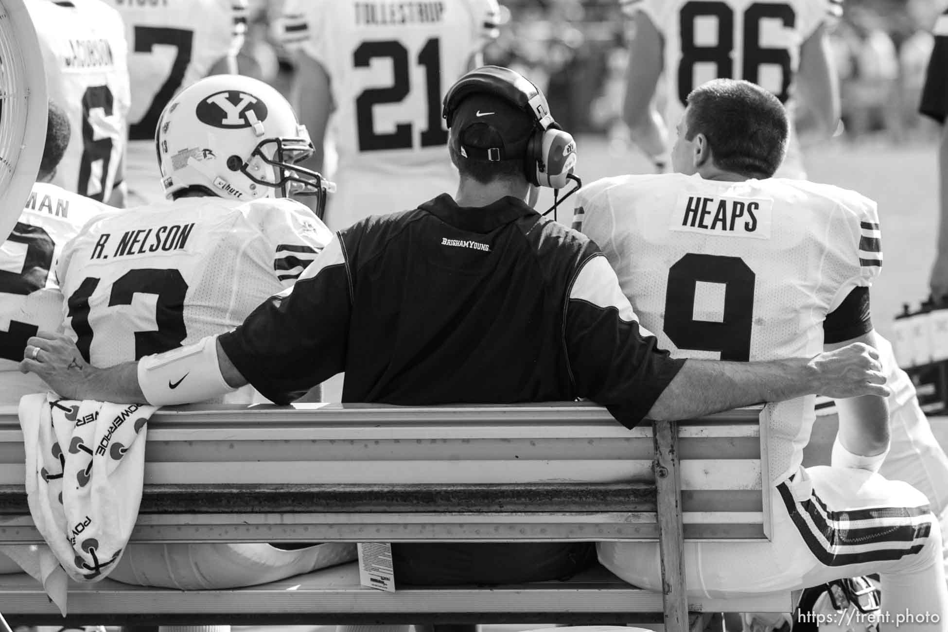 Trent Nelson  |  The Salt Lake Tribune
BYU quarterback Riley Nelson (13), quarterbacks coach Brandon Doman, BYU quarterback Jake Heaps (9)  in the second quarter, BYU vs. Florida State, college football Saturday, September 18, 2010 at Doak Campbell Stadium in Tallahassee, Florida.