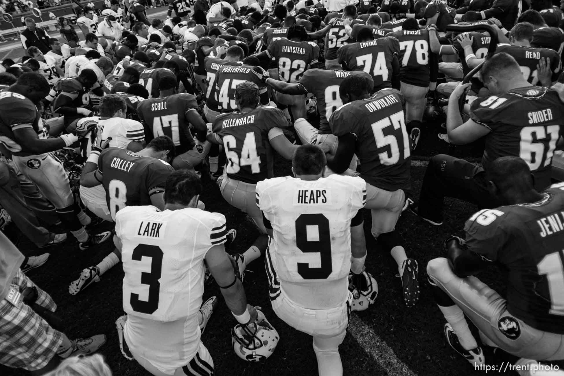 Trent Nelson  |  The Salt Lake Tribune
BYU quarterback James Lark (3) and BYU quarterback Jake Heaps (9) join a prayer circle following the game, BYU vs. Florida State, college football Saturday, September 18, 2010 at Doak Campbell Stadium in Tallahassee, Florida.