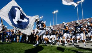 Trent Nelson  |  The Salt Lake Tribune
BYU takes the field, BYU vs. Nevada, college football Saturday, September 25, 2010 at LaVell Edwards Stadium in Provo.