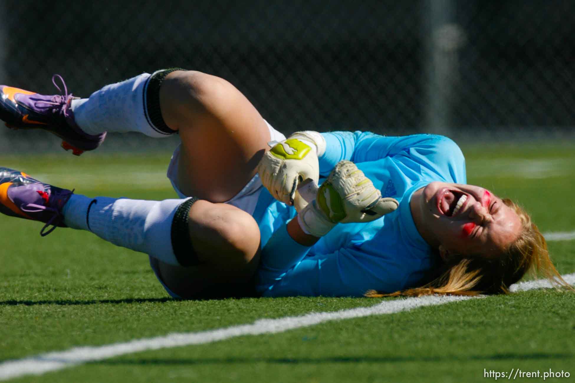 Trent Nelson  |  The Salt Lake Tribune
East goalkeeper Alex Noorda reacts to a collision with Bonneville's Jaiden Thornock which resulted in a Bonneville score during the first half, East vs. Bonneville high school 1-0, 4A girls' soccer state championships semifinals at Juan Diego High School Tuesday, October 19, 2010